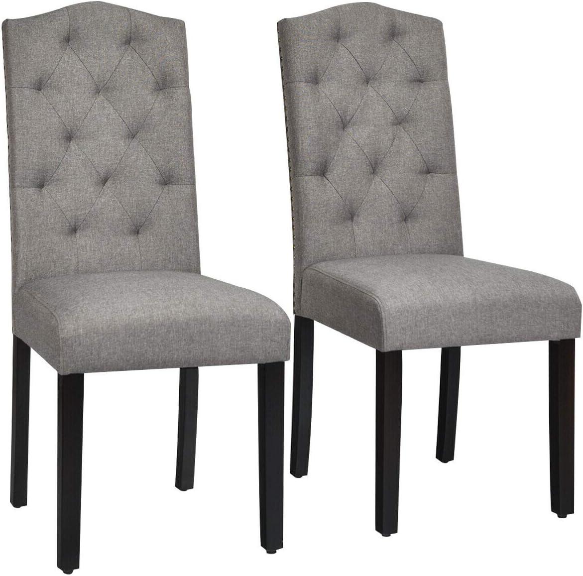 Giantex Set of 2, Tufted Parsons Fabric Upholstered High Backrest & Seat, Accent Dining Chairs w/Rubber Wood Legs & Adjustable Feet for Kitchen Living Room, Gray/Beige