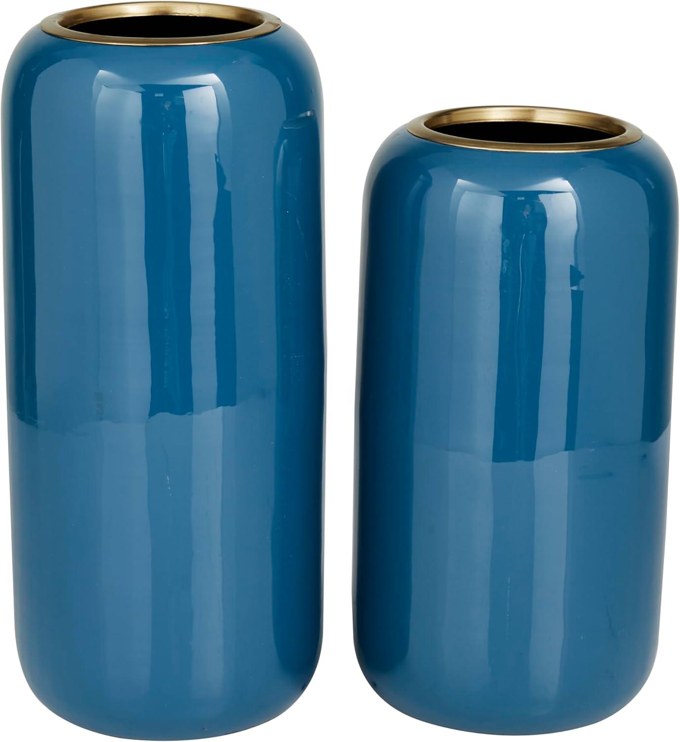 Blue Solid Polished Metal Round Vase Set of 2 - Modern Indoor Decor