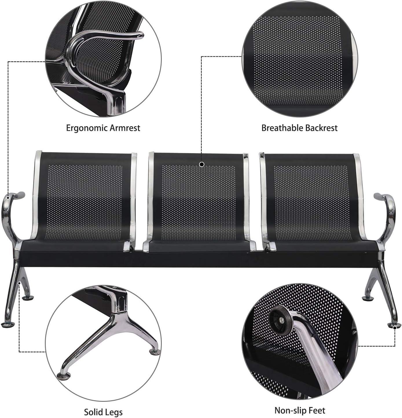 Kinbor Waiting Room Chairs, 3-Seat Reception Chairs Office Guest Waiting Furniture Bench Seating for Airport Bank Hospital, Black