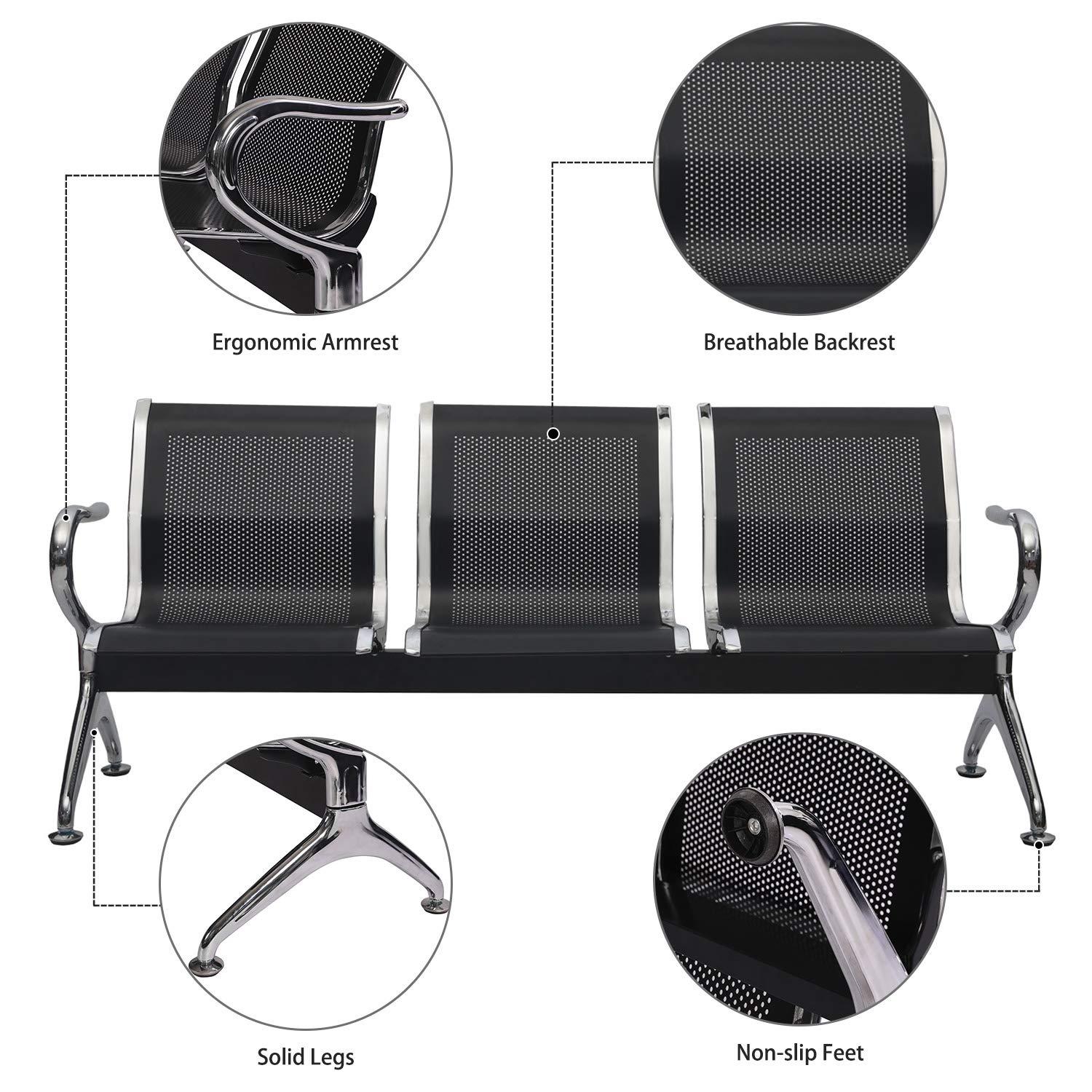 Kinbor Waiting Room Chairs, 3-Seat Reception Chairs Office Guest Waiting Furniture Bench Seating for Airport Bank Hospital, Black