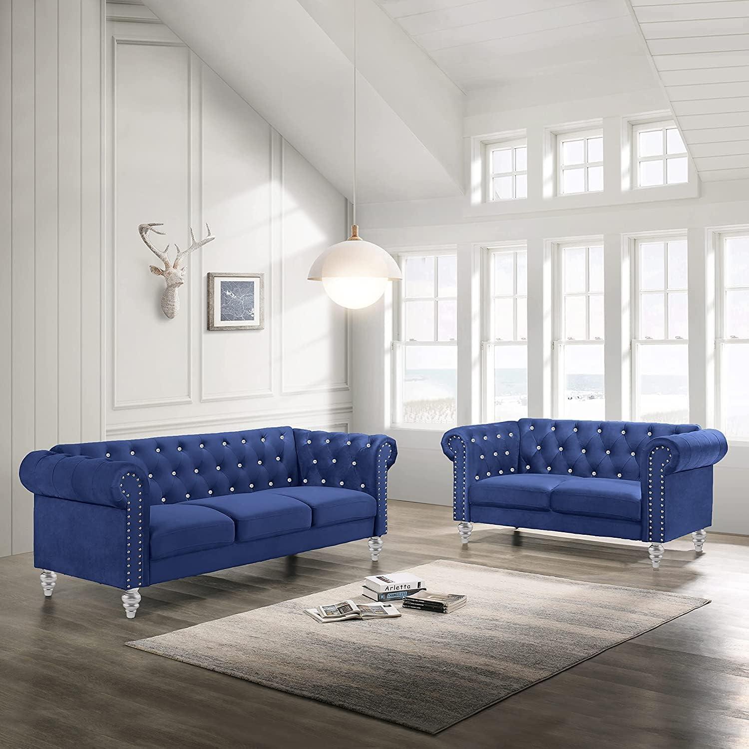 New Classic Emma 2-Piece Crystal Velvet Loveseat & Sofa Set in Royal Blue