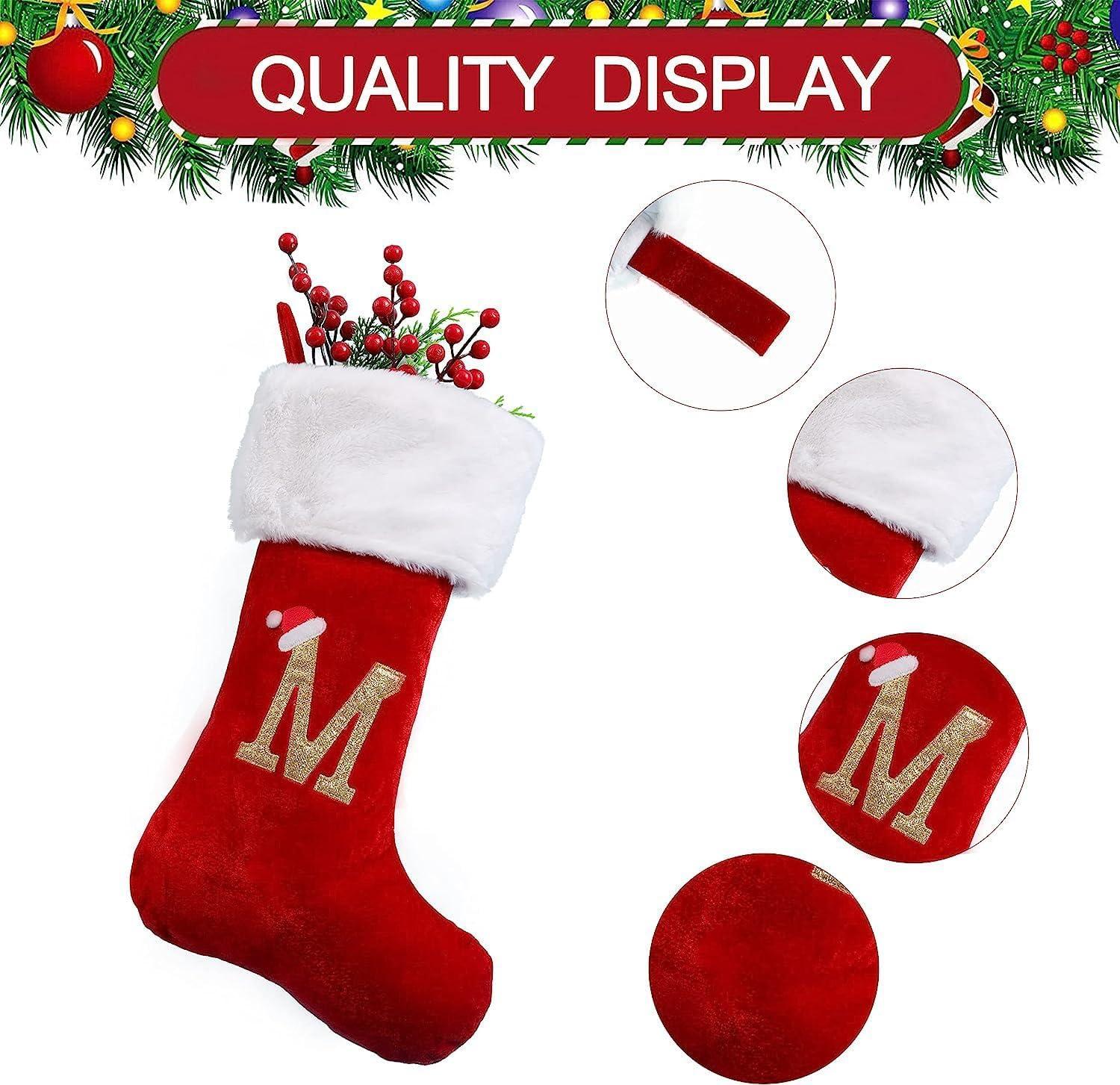 20 Inches Monogrammed Christmas Stockings,Letter F Personalized Christmas Stockings Red Stocking for Christmas Plush Cuffs Initial Christmas Stockings Holiday Xmas Gift