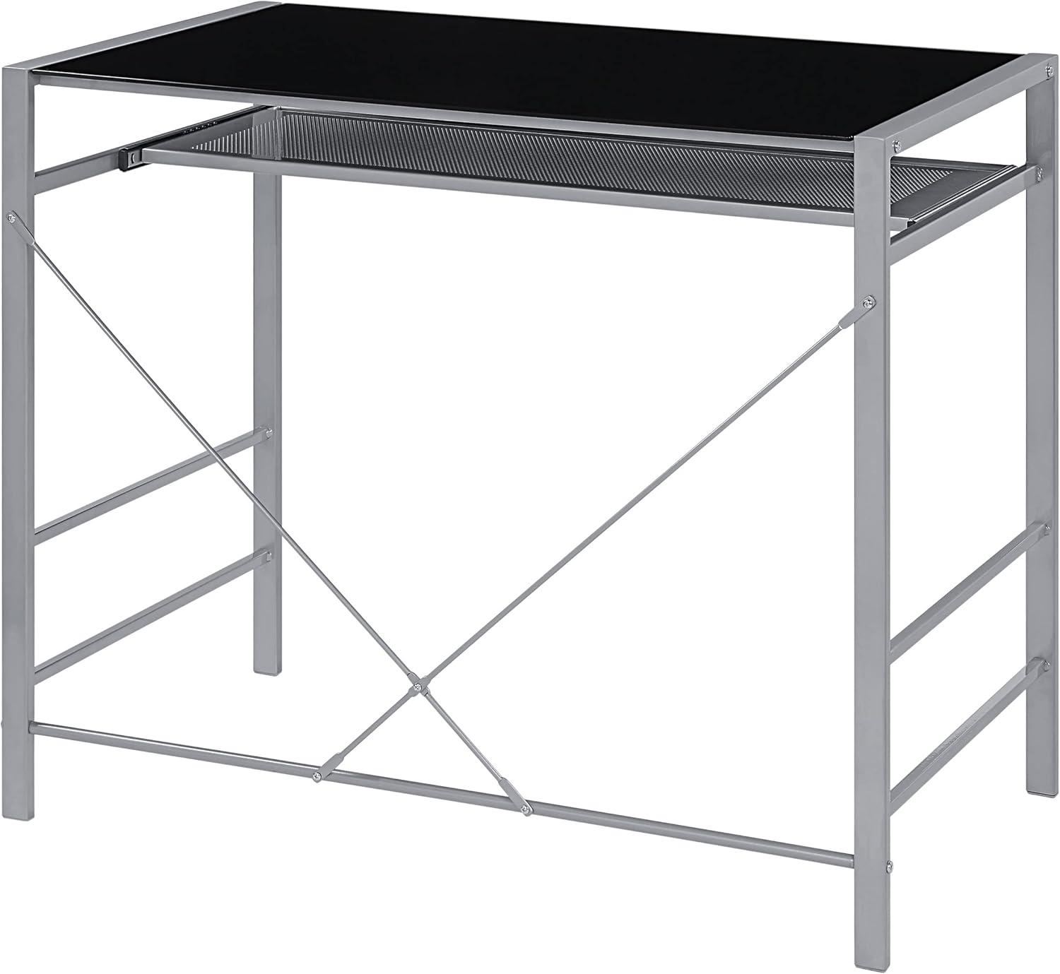 Zephyr Computer Desk with Black Tempered Glass Top and Silver Frame