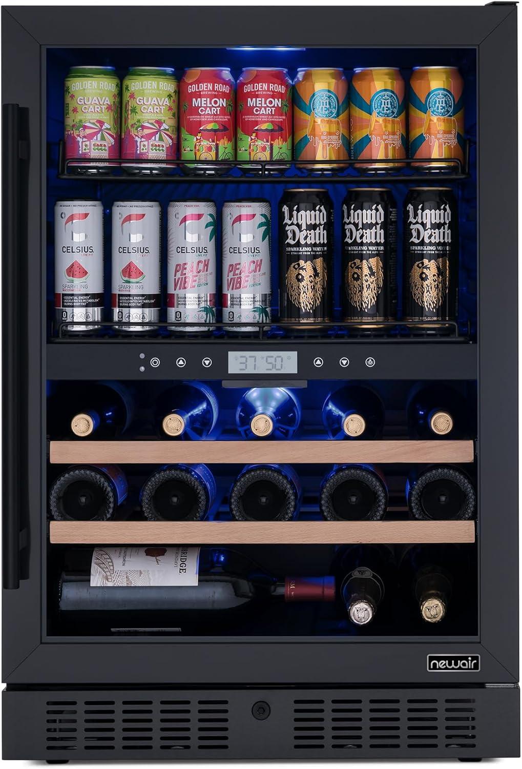 Newair 24" Built-in Dual Zone Wine and Beverage Refrigerator 24 Bottles & 100 Cans, Black Stainless Steel, Drinks and Wine Combination Fridge