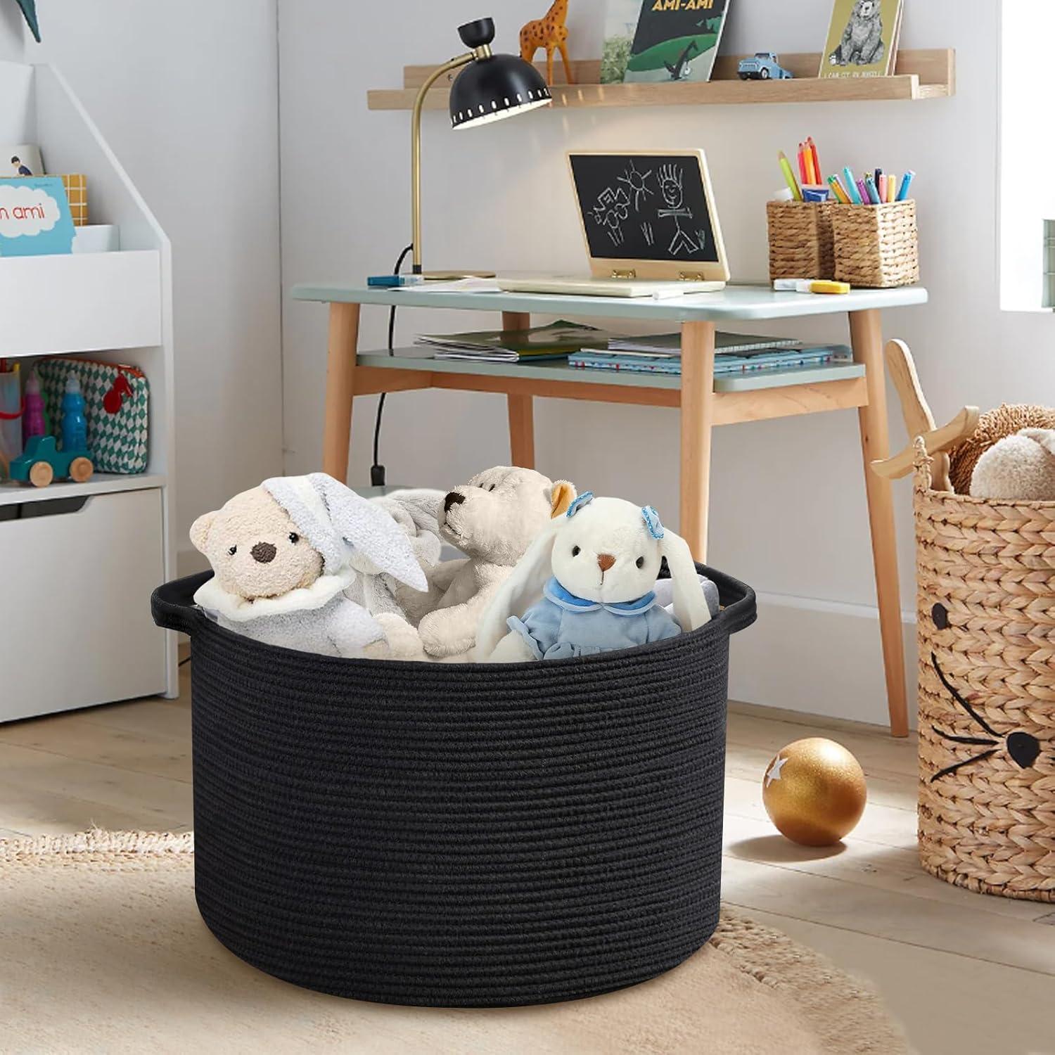 Large Black Blanket Basket, 22" X 22" X 14" Woven Rope Bin for Storage, Kids Dog Toy Storage Box Organizer Bins, Blanket Holder for Living Room, Decorative Wicker Basket for Organizing