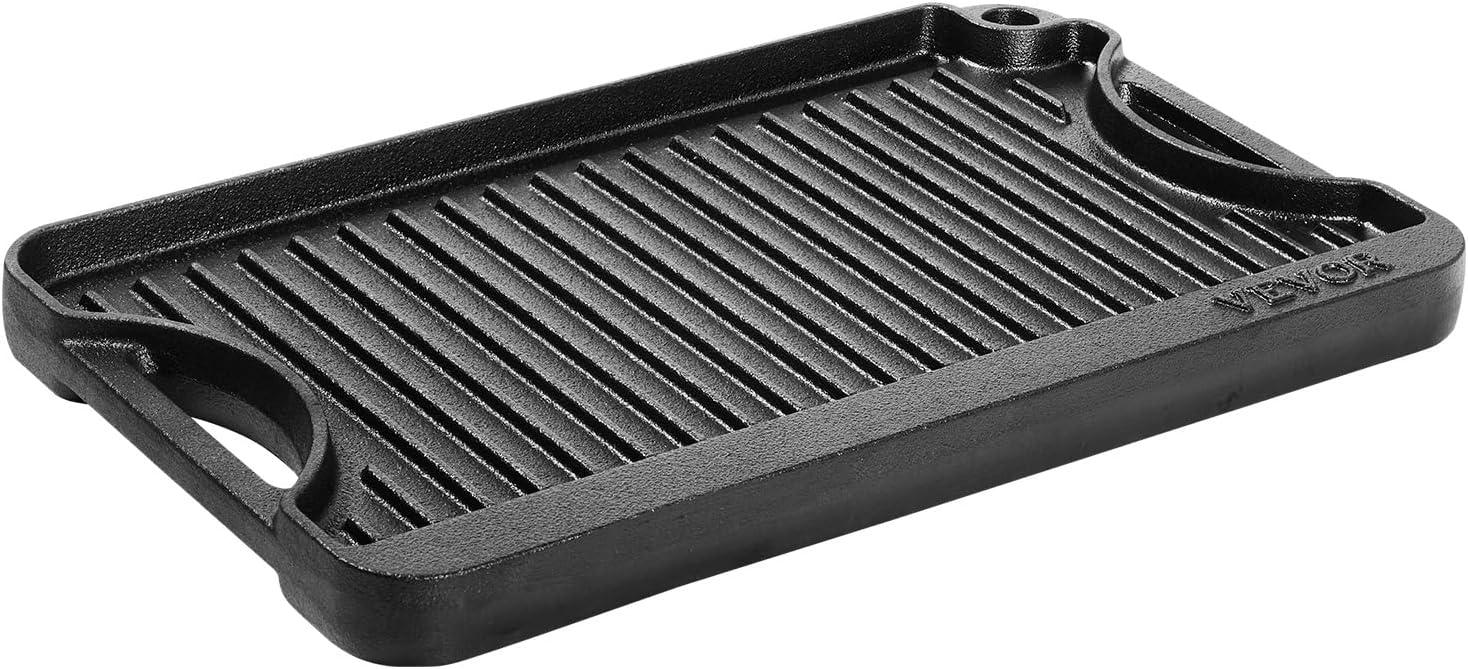 VEVOR Reversible Grill/Griddle, 14x8.5 inch Pre-Seasoned Cast Iron Griddle, Portable Rectangular Pan with Handle, Family Cookware for Indoor/Outdoor Stove Top Burner, Gas, Camping BBQ, Black
