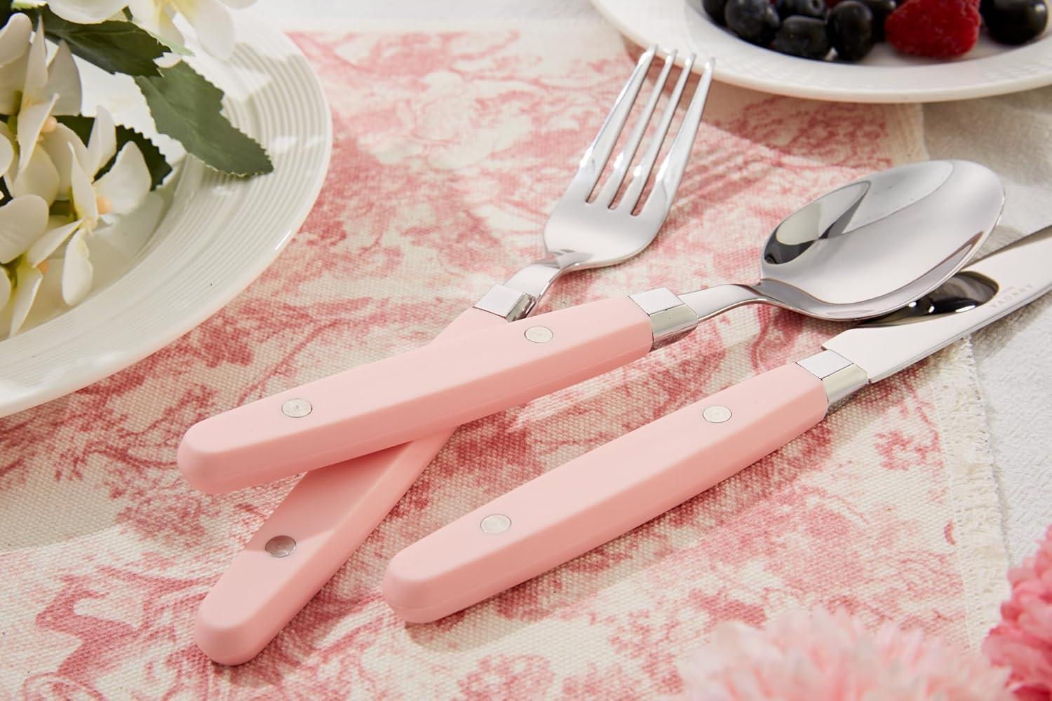 ANNOVA Silverware Set Stainless Steel Cutlery Color Handle With Rivet/Retro Flatware (Light Pink, 20 Pieces)