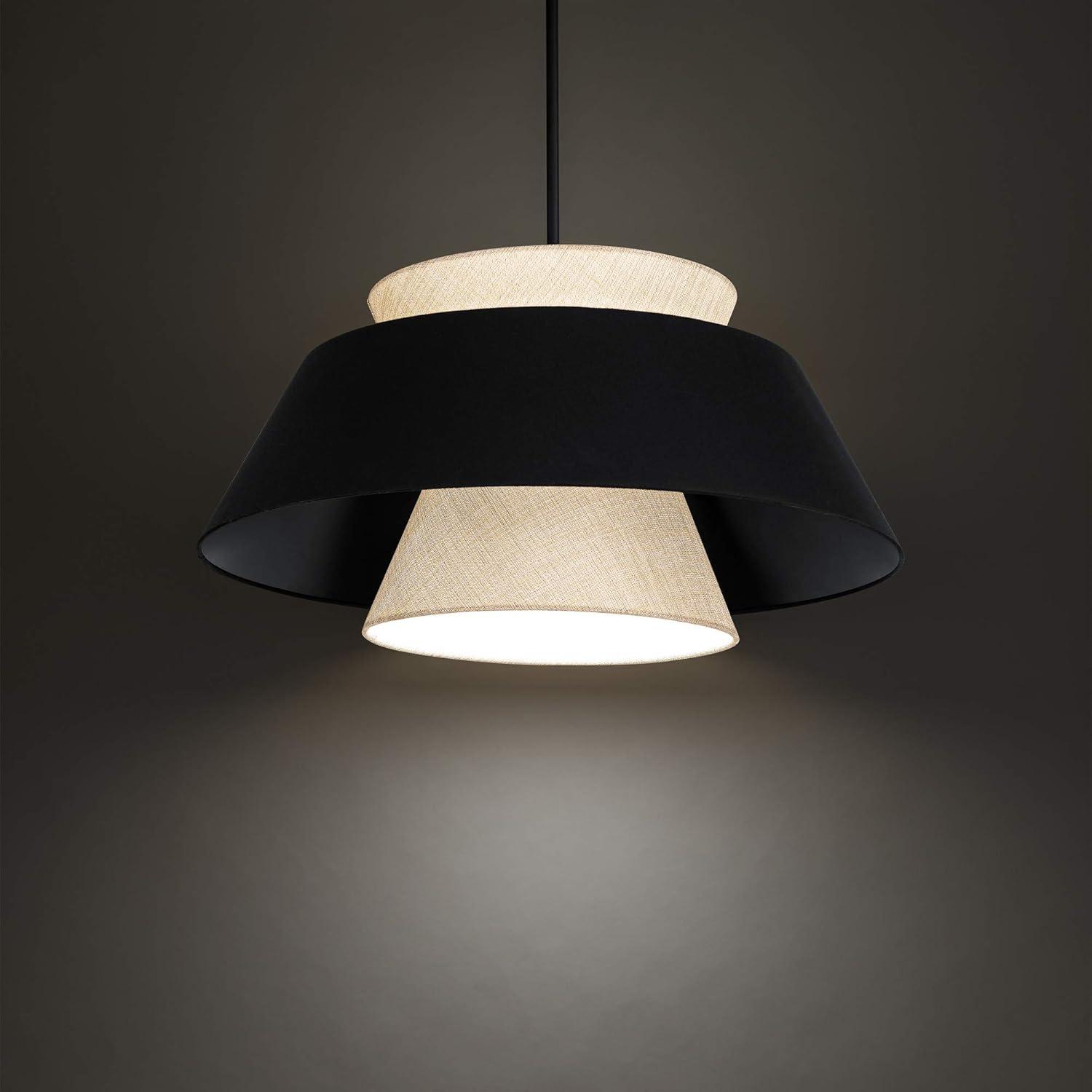 Rena Matte Black Aluminum LED Drum Pendant with Beige Fabric Shade