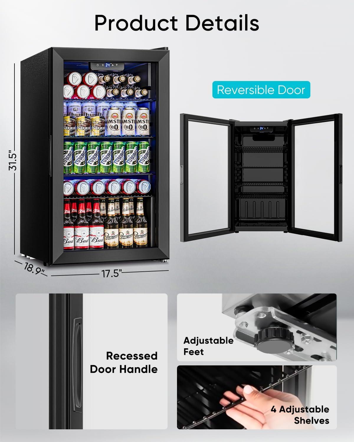 Ivation 126 Can Beverage Refrigerator, Freestanding Mini Fridge with Glass Door - Black