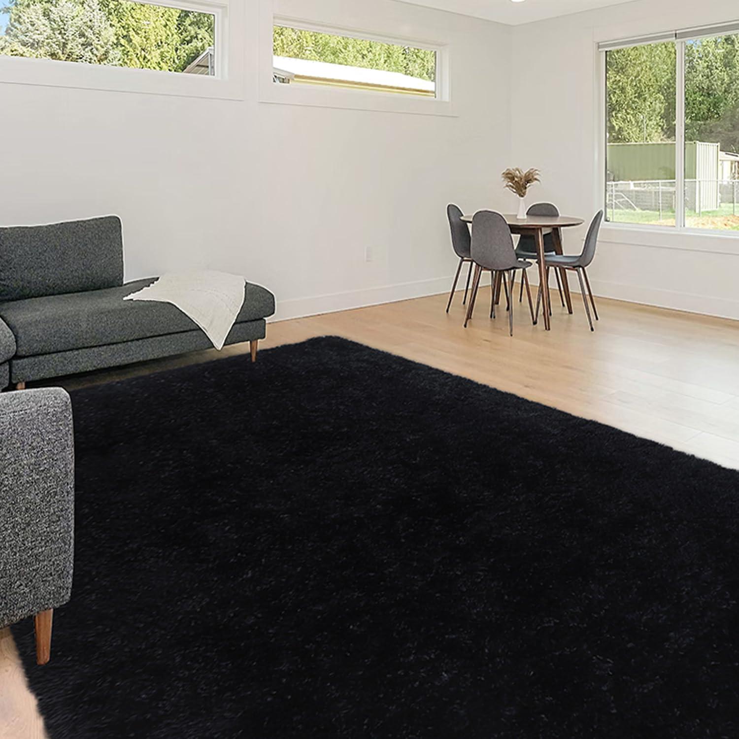 HT Design Rectengular Shag Area Rug, 5x7 Solid Color Low Pile Shag, Easy to clean, Pet Friendly, Soft Nursery Runner Rug for Living Rooms, Bedrooms, Black