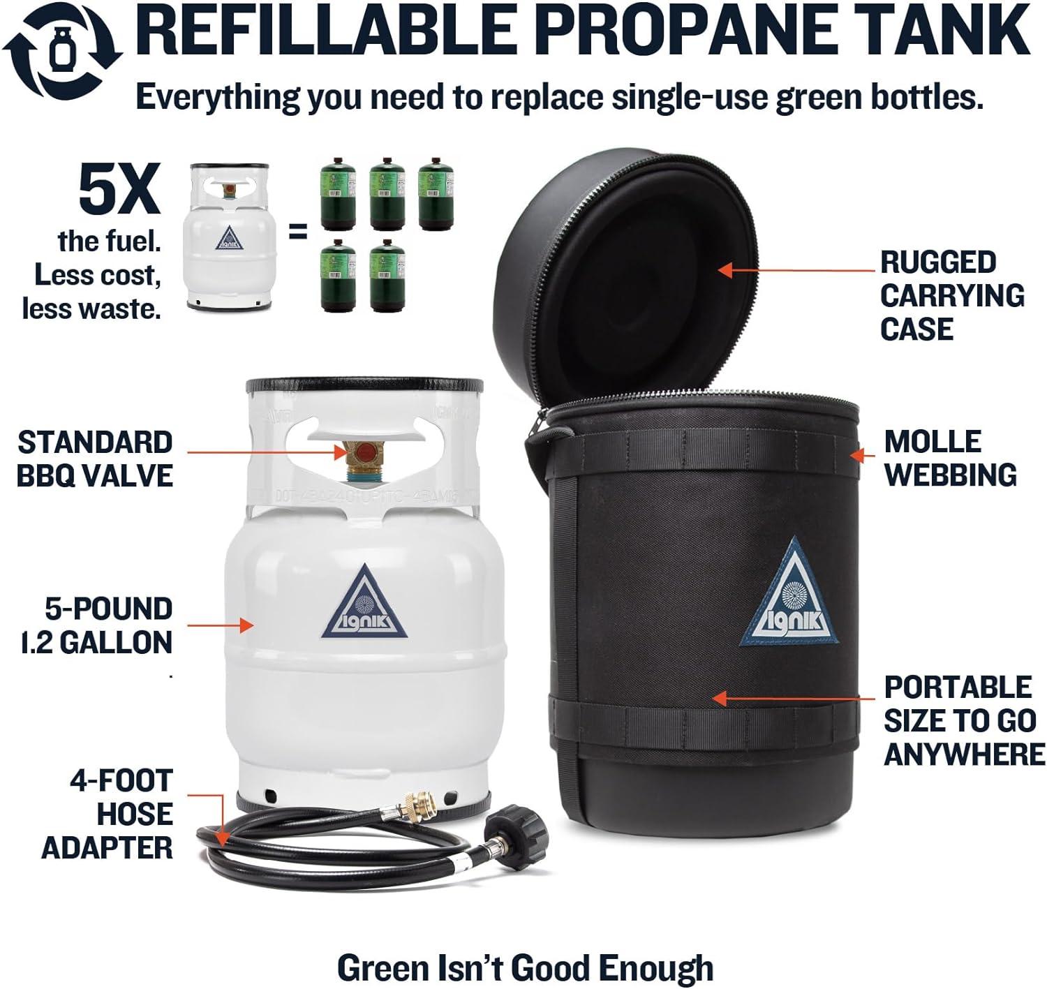 Ignik Refillable Gas Growler Deluxe 5-Pound Propane Tank with Carry Case and Adapter Hose, Black Case/White Tank