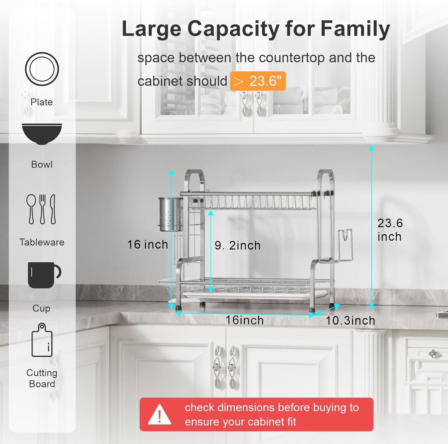 2 Tier Dish Drying Rack for Kitchen Counter，Stainless Steel Large Capacity Dish Rack with Detachable Dish Drainer Organizer，Utensil Holder and Drain Board