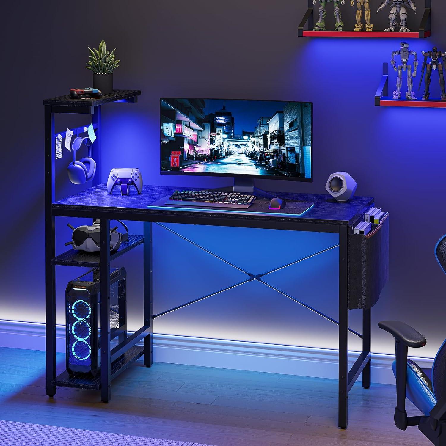 Bestier Computer Gaming PC Desk 44 inch Gamer Table with LED Lights, Reversible 4 Tier Storage Shelves, Black