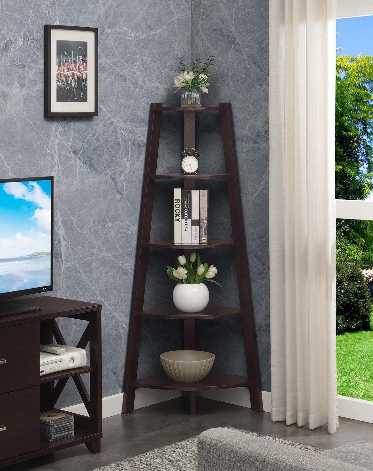 Espresso Wide Corner Wood Bookcase with 5 Tiers