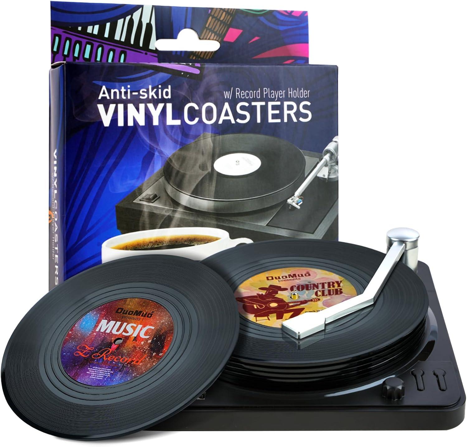 Funny Retro Record Coasters for Drinks with Vinyl Player Holder for Music Lovers,Set of 6 Conversation Piece Sayings Drink Coaster,Housewarming Hostess Wedding Registry Gift Ideas