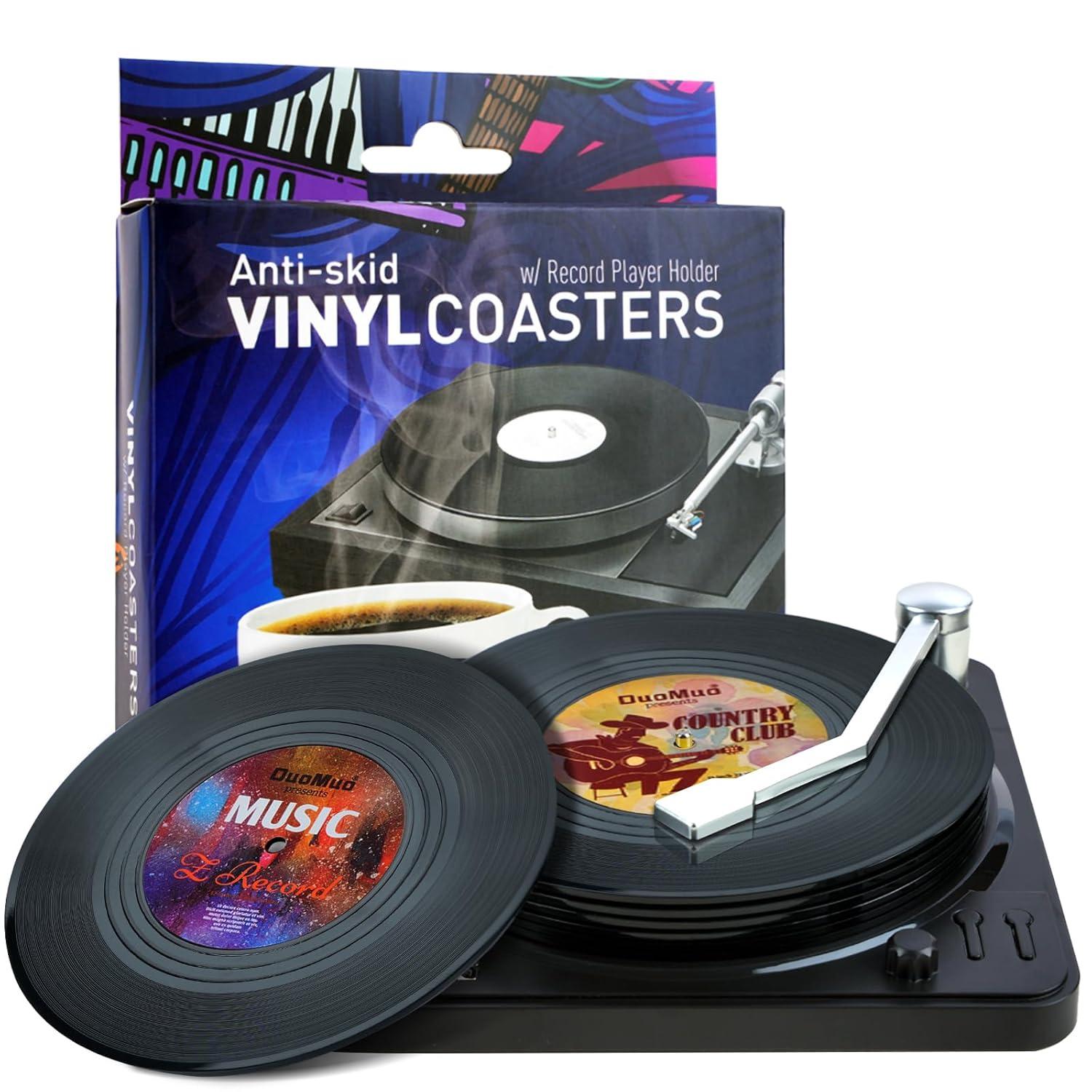 Funny Retro Record Coasters for Drinks with Vinyl Player Holder for Music Lovers,Set of 6 Conversation Piece Sayings Drink Coaster,Housewarming Hostess Wedding Registry Gift Ideas