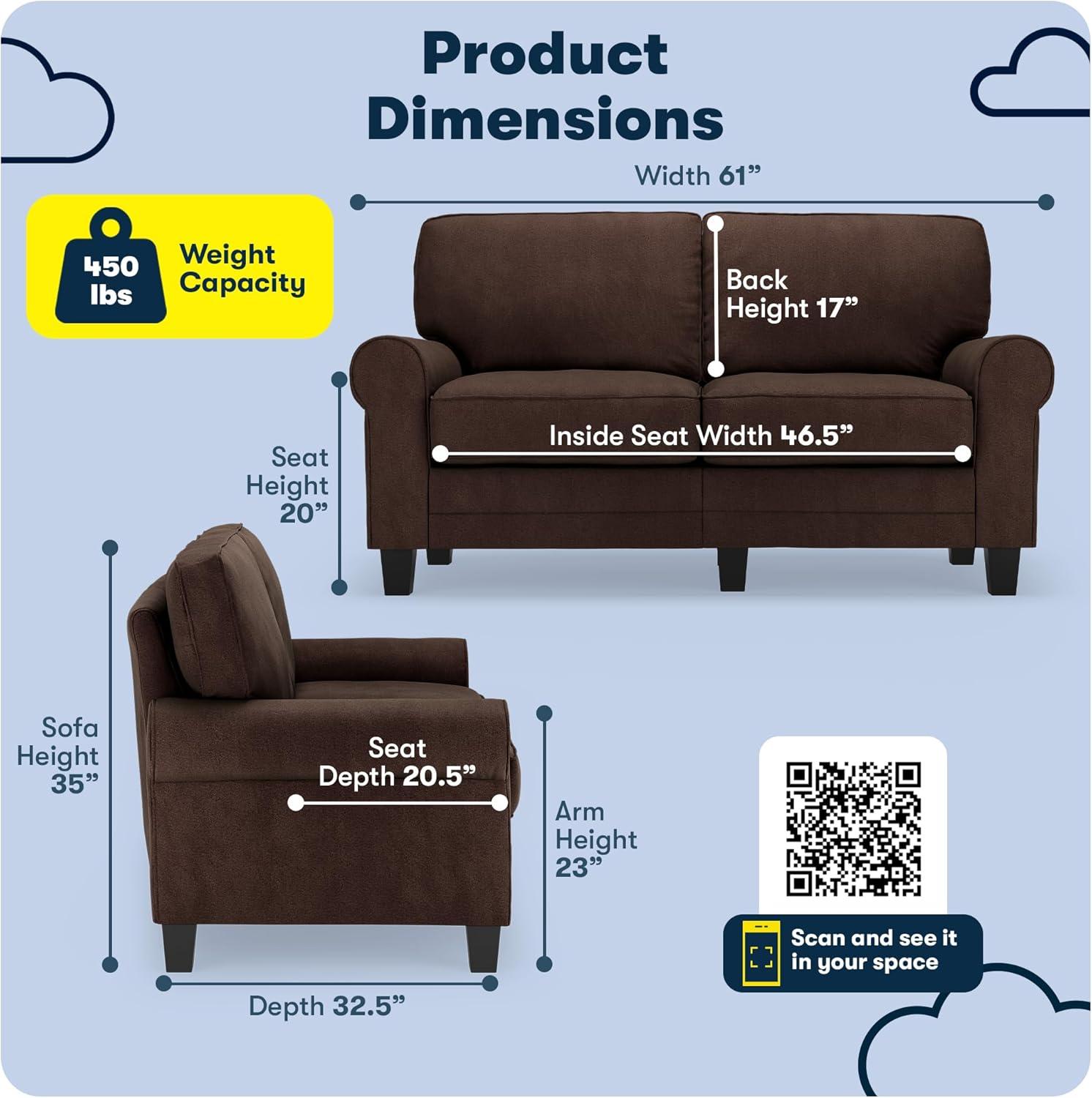 Serta Copenhagen 61" Rolled Arm Sofa, Easy Care Fabric, Soft Pillow Back, Pocket Coil Seat Cushions