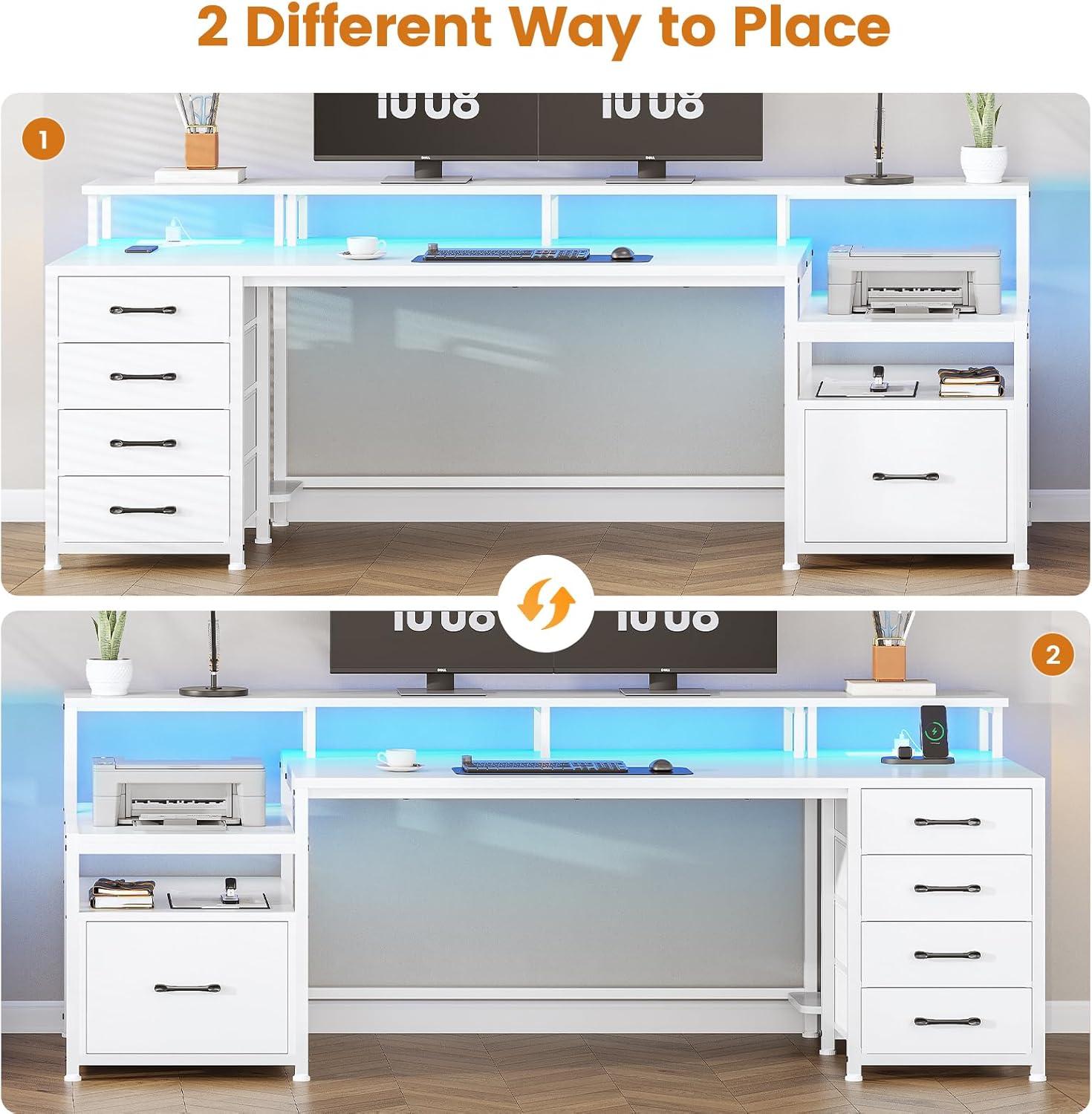 75 Inch Computer Desk with 5-Drawer Power Outlet & Led Lights, Home Office Desk with File Drawer, Storage Shelves, Printer Cabinet and Monitor Stand, Large Desktop Gaming Desk, White