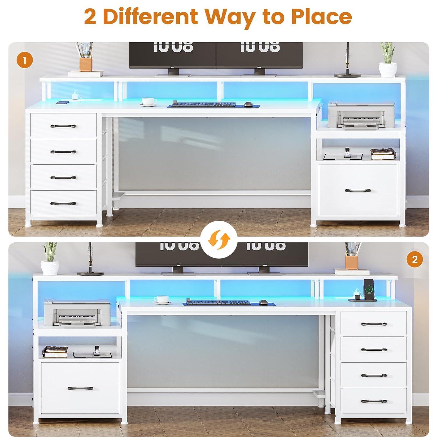 75 Inch Computer Desk with 5-Drawer Power Outlet & Led Lights, Home Office Desk with File Drawer, Storage Shelves, Printer Cabinet and Monitor Stand, Large Desktop Gaming Desk, White
