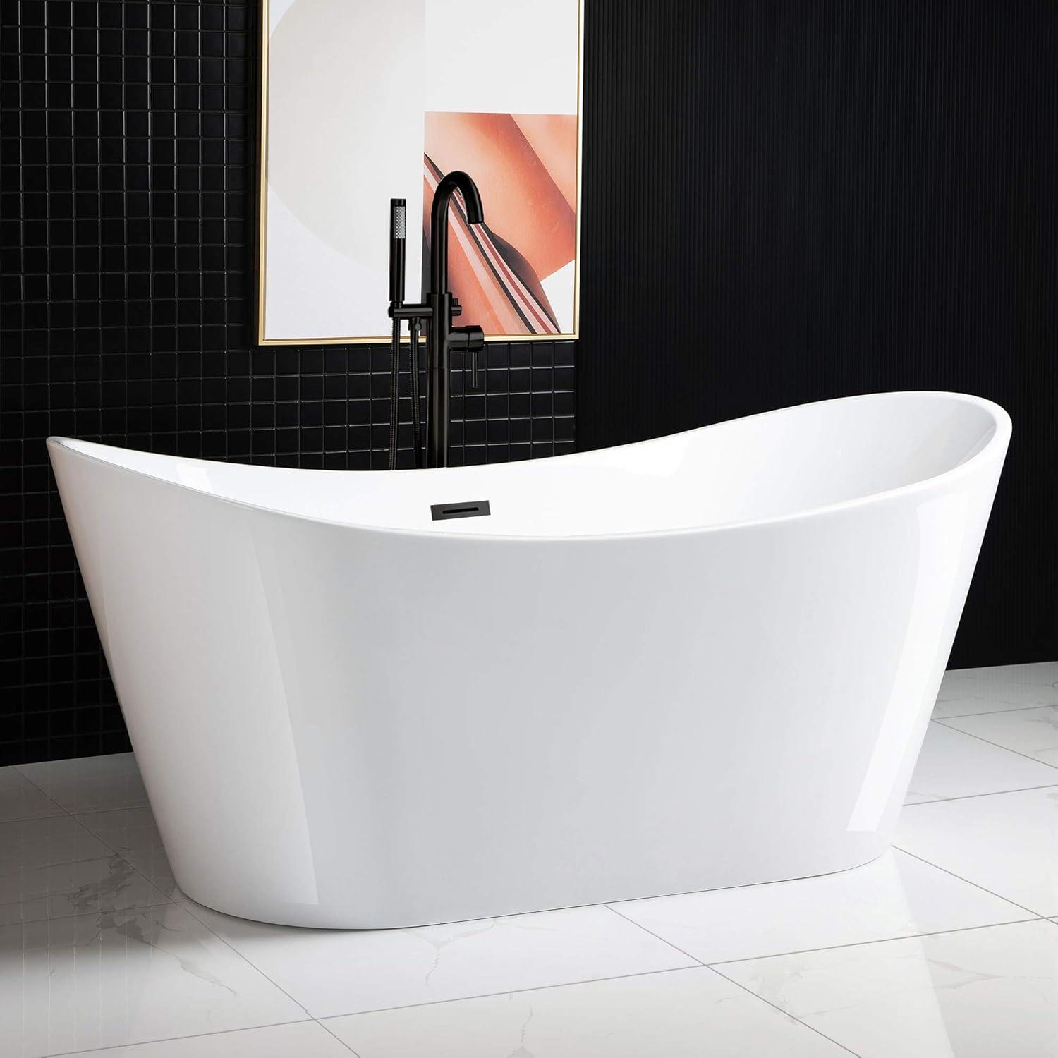 67'' White Acrylic Freestanding Soaking Bathtub with Matte Black Overflow and Drain