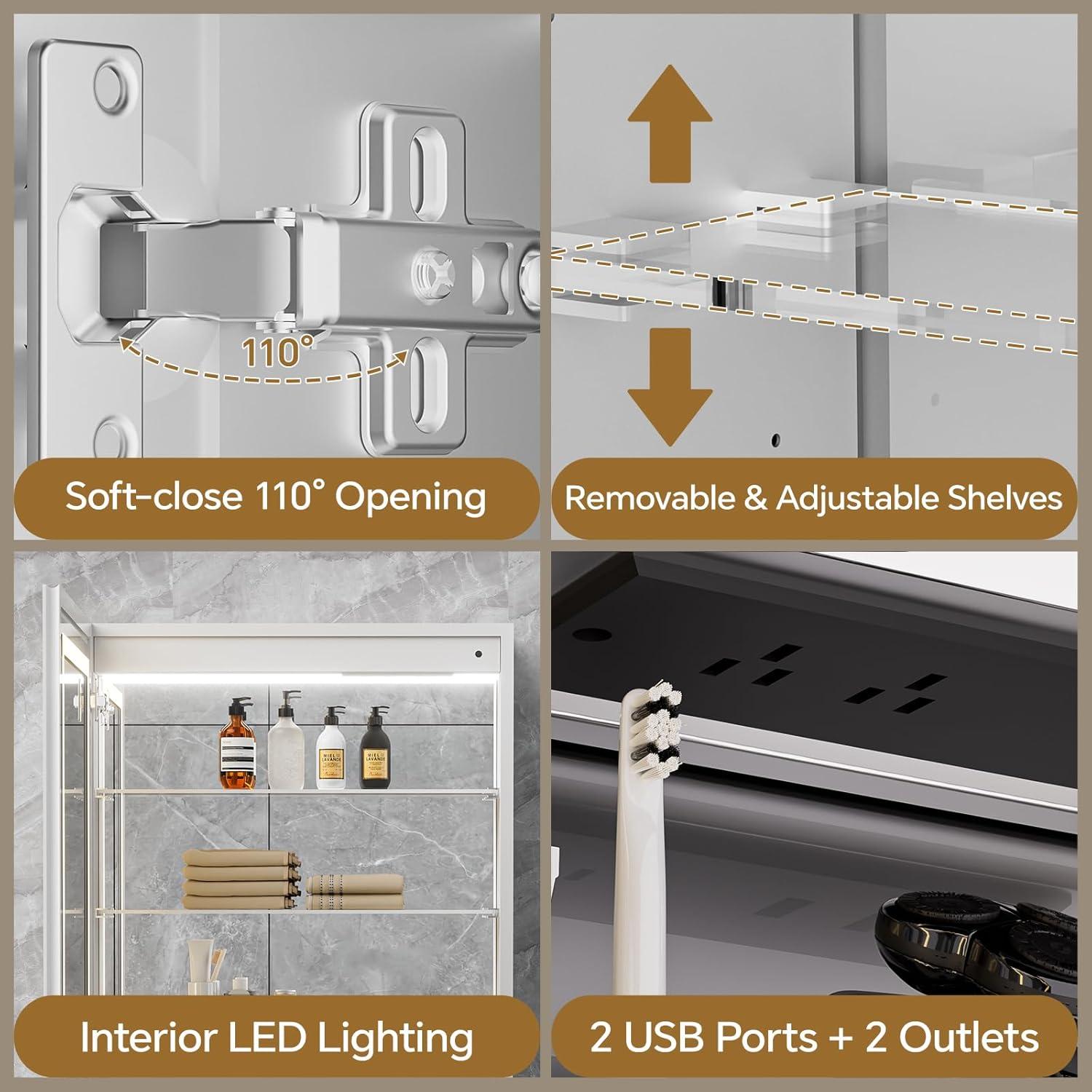 Ebern Designs Christhilde Medicine Cabinet with LED Mirror for Bathroom, Defog, Stepless Dimming, 3 Color Change, 2 Outlets, 2USB