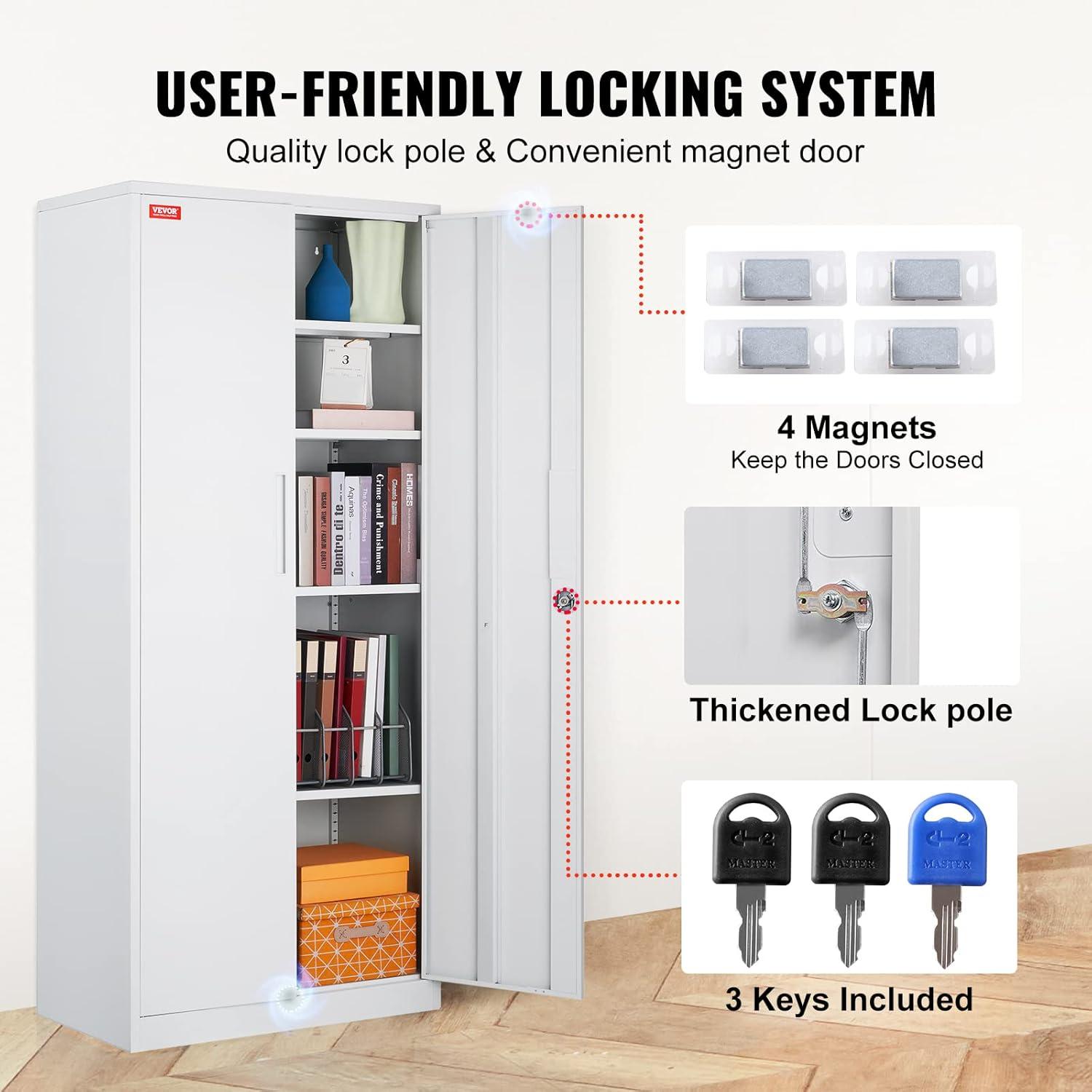 VEVOR Metal Storage Cabinet, Steel Locking Storage Cabinet with 2 Magnetic Doors and 4 Adjustable Shelves, 71'' Metal Cabinet 200 lbs Capacity per Shelf with 3 Keys, for Office, Home, Garage, Black