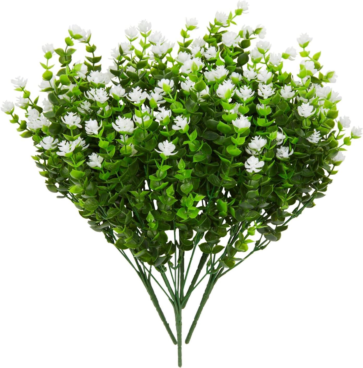 Bright Creations 6 Bundles White Artificial Flowers with 2 Cone Vases, Faux Fake Plant for Cemetery, Outdoor Decor (8.6 x 13 In)