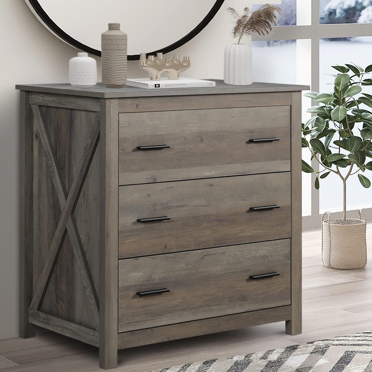 Gray Oak 3-Drawer Farmhouse Double Dresser with Deep Storage