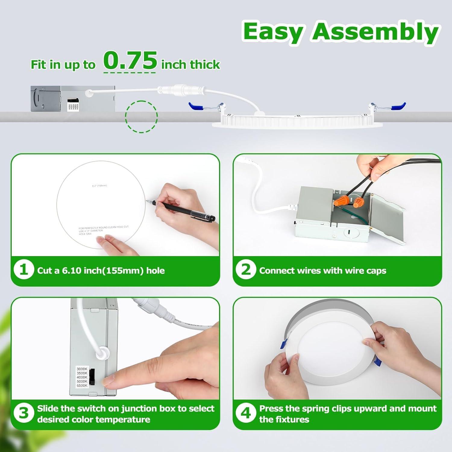 PARMIDA (12 Pack) 6 Inch Ultra-Thin LED Recessed Ceiling Light with Junction Box, 5CCT Color Selectable 2700K/3000K/3500K/4000K/5000K, 12W, Dimmable Canless Wafer Slim Panel Downlight, IC Rated, ETL