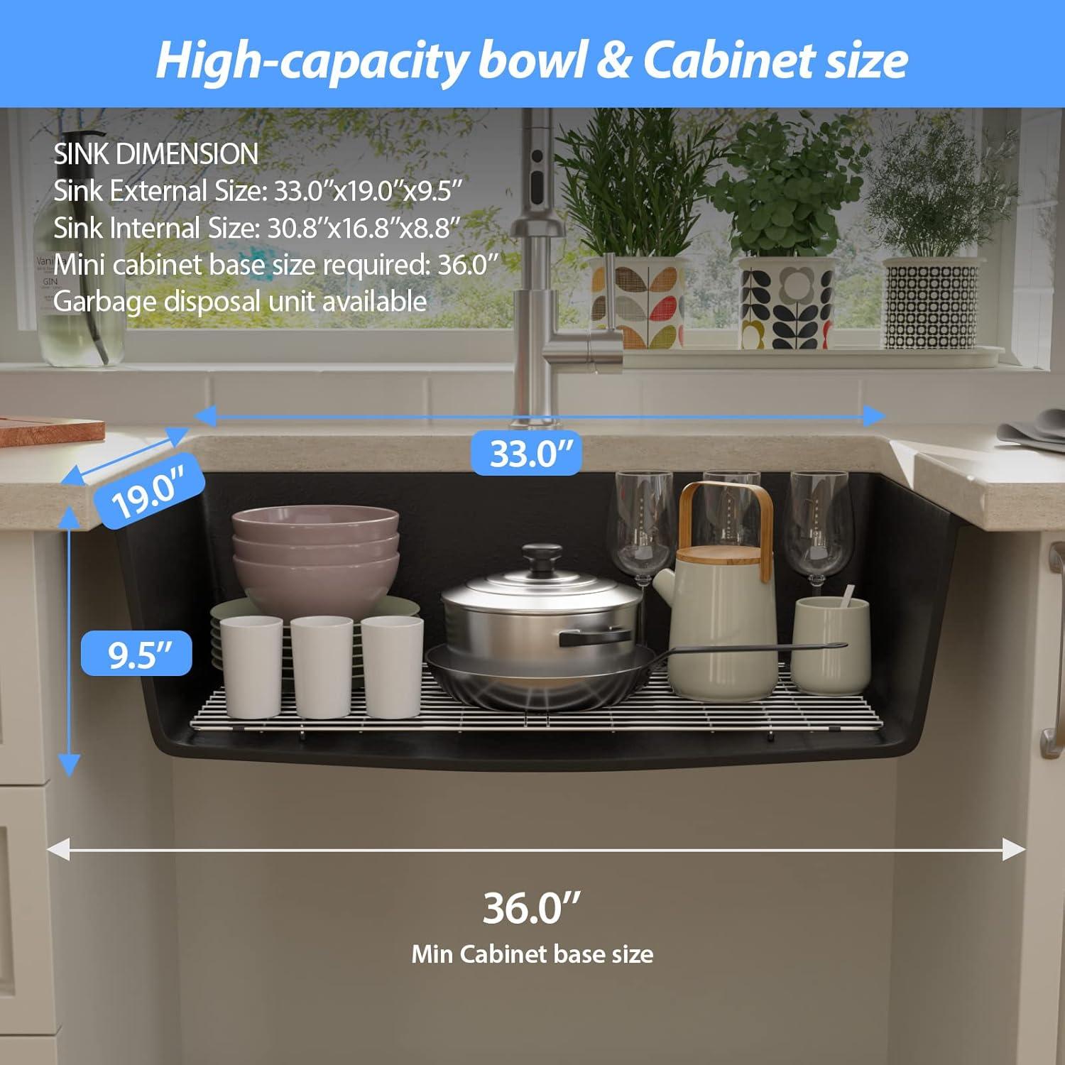 Davivy 33 Inch Black Granite Composite Kitchen Sink Workstation, 33 X 22 Quartz Composite Dual Mount Sink, Matte Black Composite Single Bowl Sink