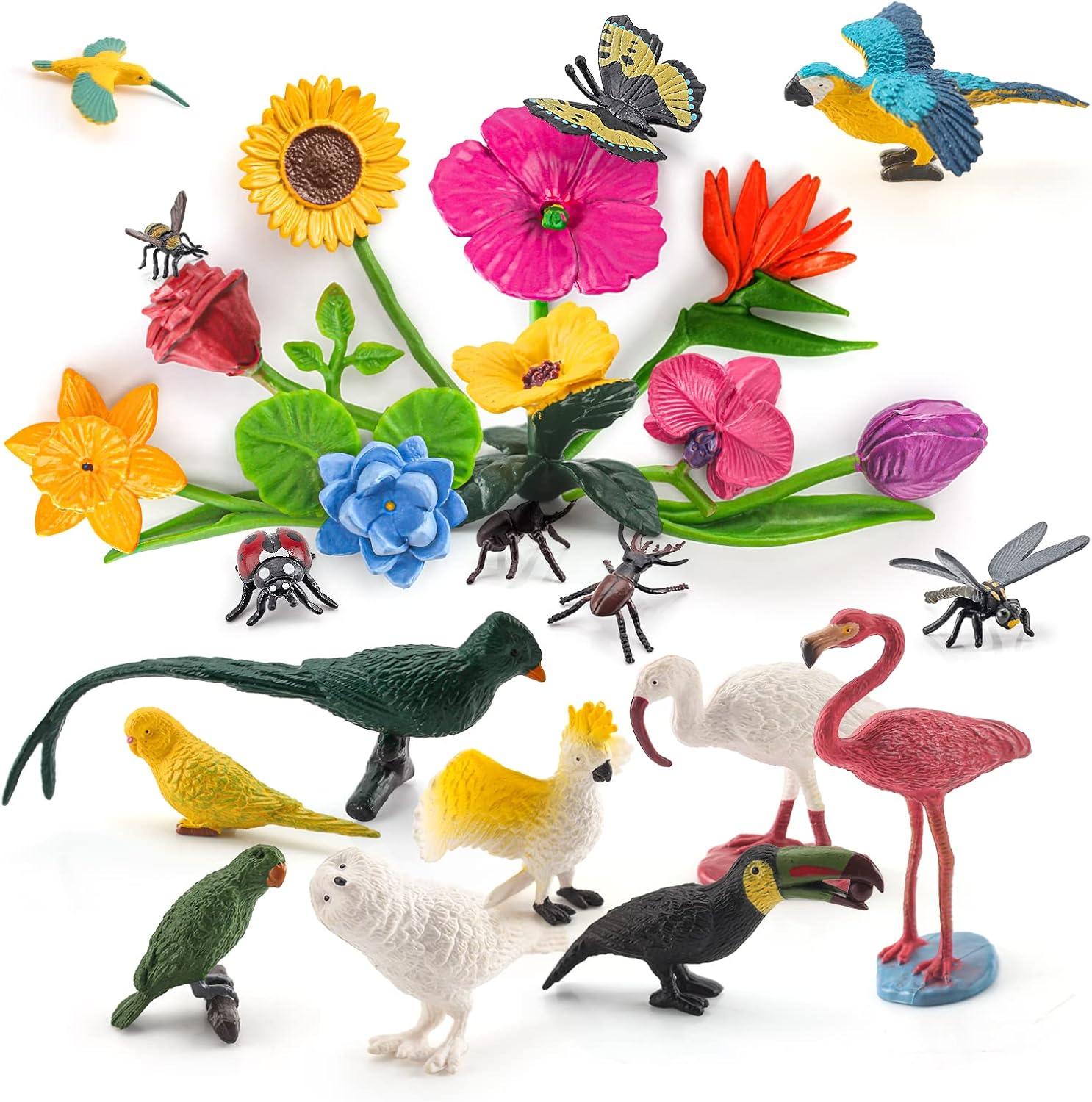 24PCS Realistic Bird Animals Figurines Plastic Flower Toys Mini Insect Toys Set for Toddlers Age 3+ Educational Project Diorama Kids for Preschool Children