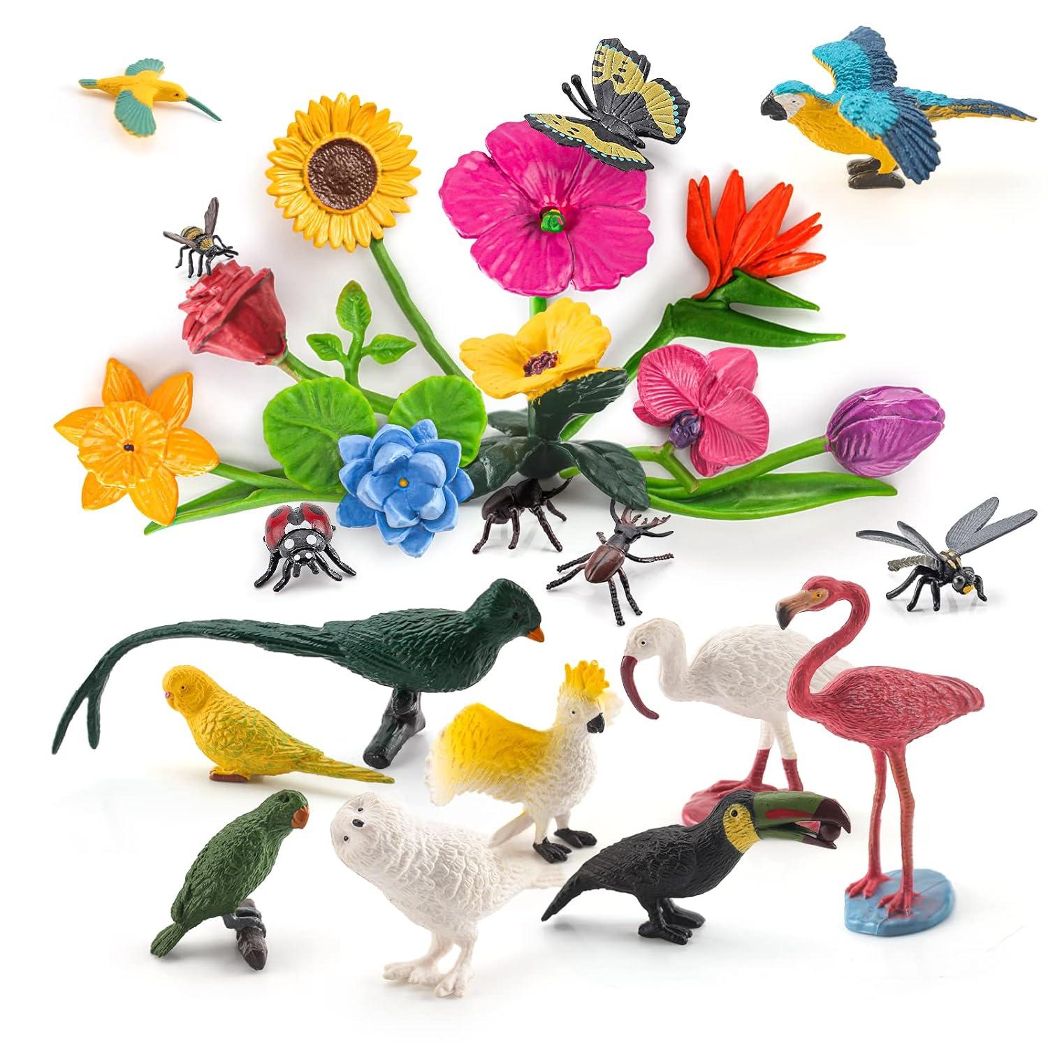 24PCS Realistic Bird Animals Figurines Plastic Flower Toys Mini Insect Toys Set for Toddlers Age 3+ Educational Project Diorama Kids for Preschool Children