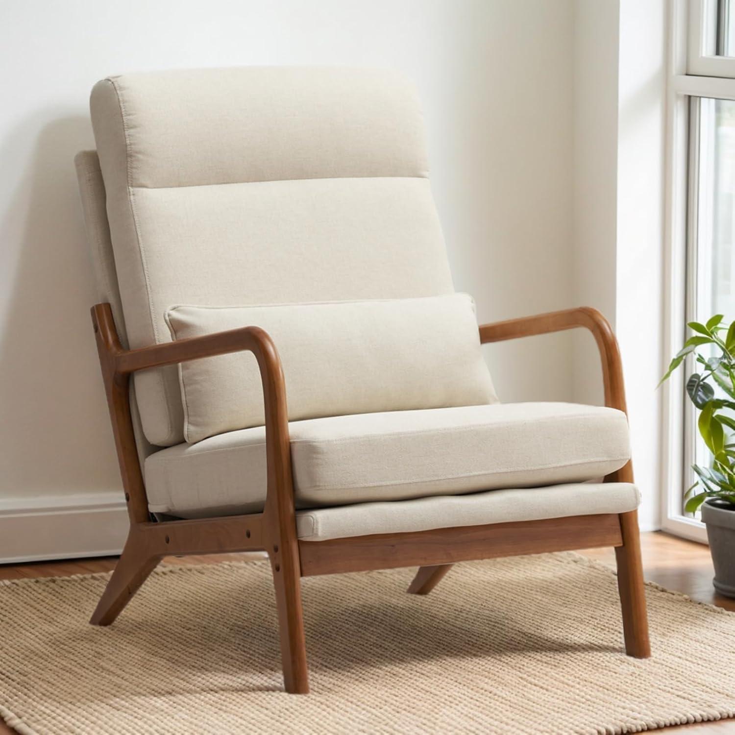 Beige Linen Upholstered Mid-Century Modern Accent Chair with Pillow