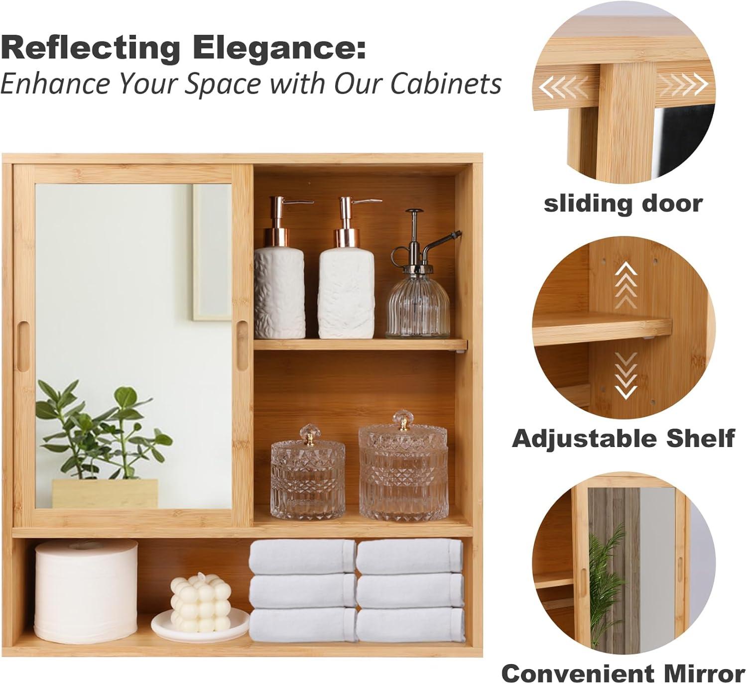Bamboo Medicine Cabinet Mirror,Mirrored Cabinet With 2 Sliding Doors