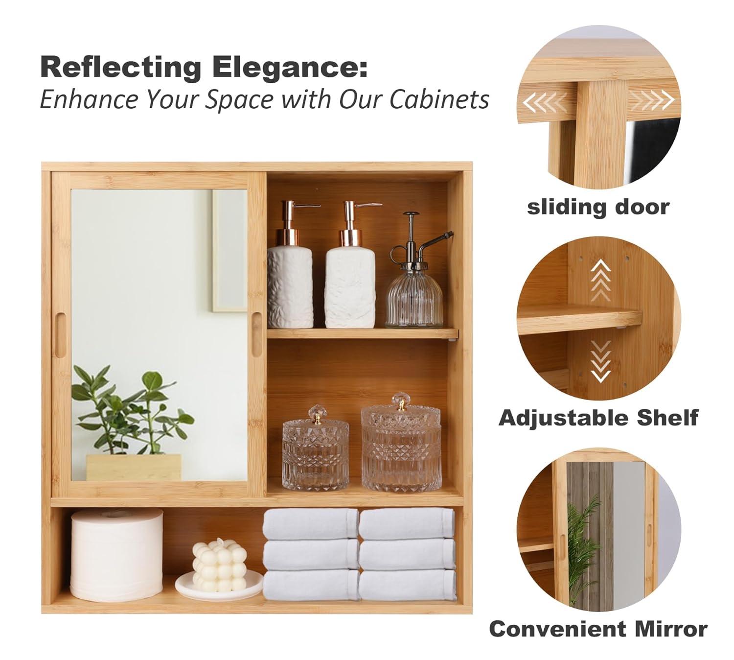 Bamboo Medicine Cabinet Mirror,Mirrored Cabinet With 2 Sliding Doors