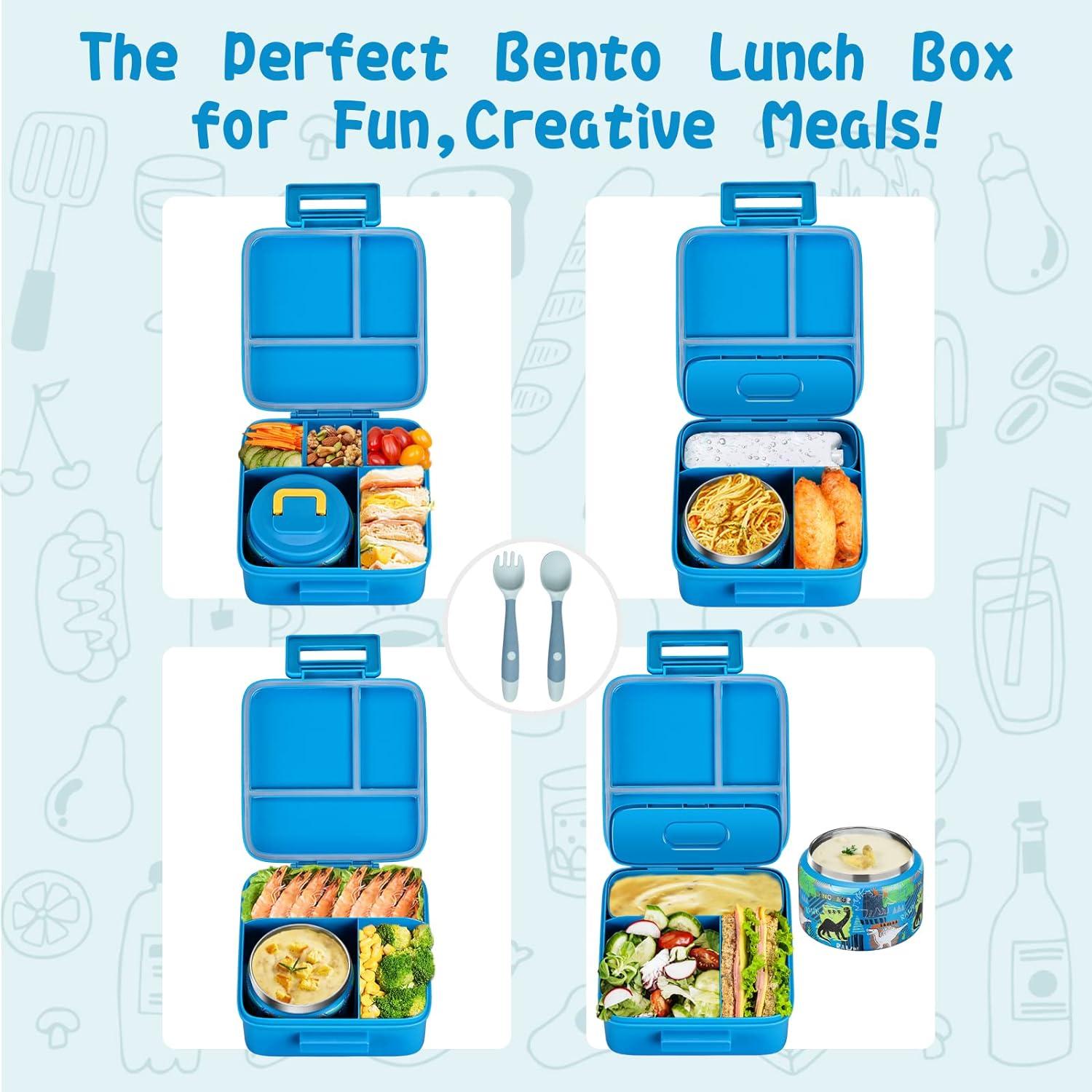 Bento Lunch Box for Kids With 8oz Soup thermo,Leak-proof Lunch Containers with 5 Compartment,thermo Food Jar and Lunch Bag, Food Containers for School (A-Blue(Dinosaur))