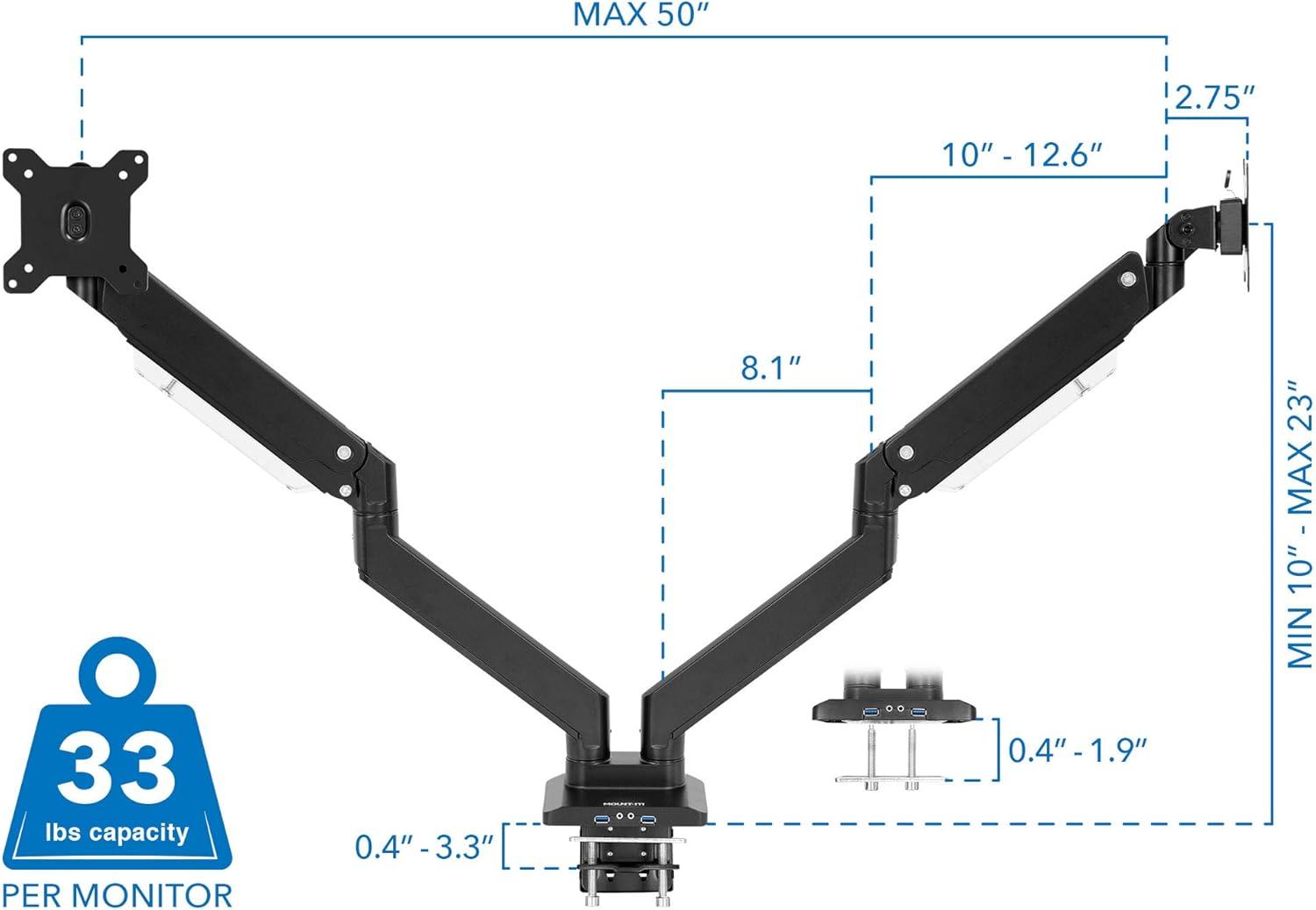 Black Dual Monitor Desk Mount with USB Ports and Adjustable Arms