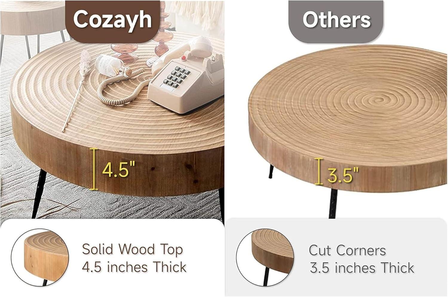 COZAYH 2-Piece Modern Farmhouse Living Room Coffee Table Set, Nesting Table Round Natural Finish with Handcrafted Wood, Ring Pattern