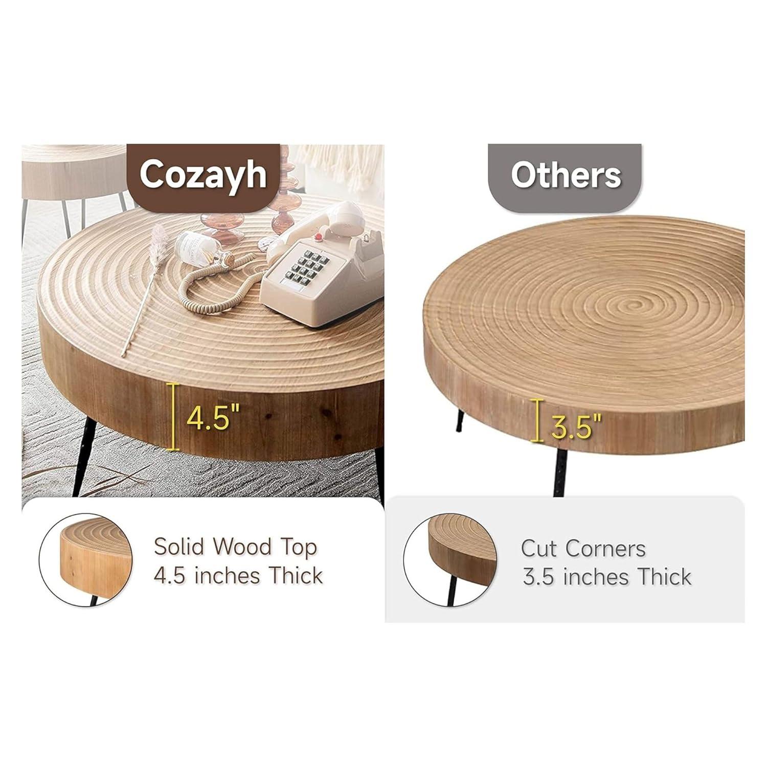 COZAYH 2-Piece Modern Farmhouse Living Room Coffee Table Set, Nesting Table Round Natural Finish with Handcrafted Wood, Ring Pattern