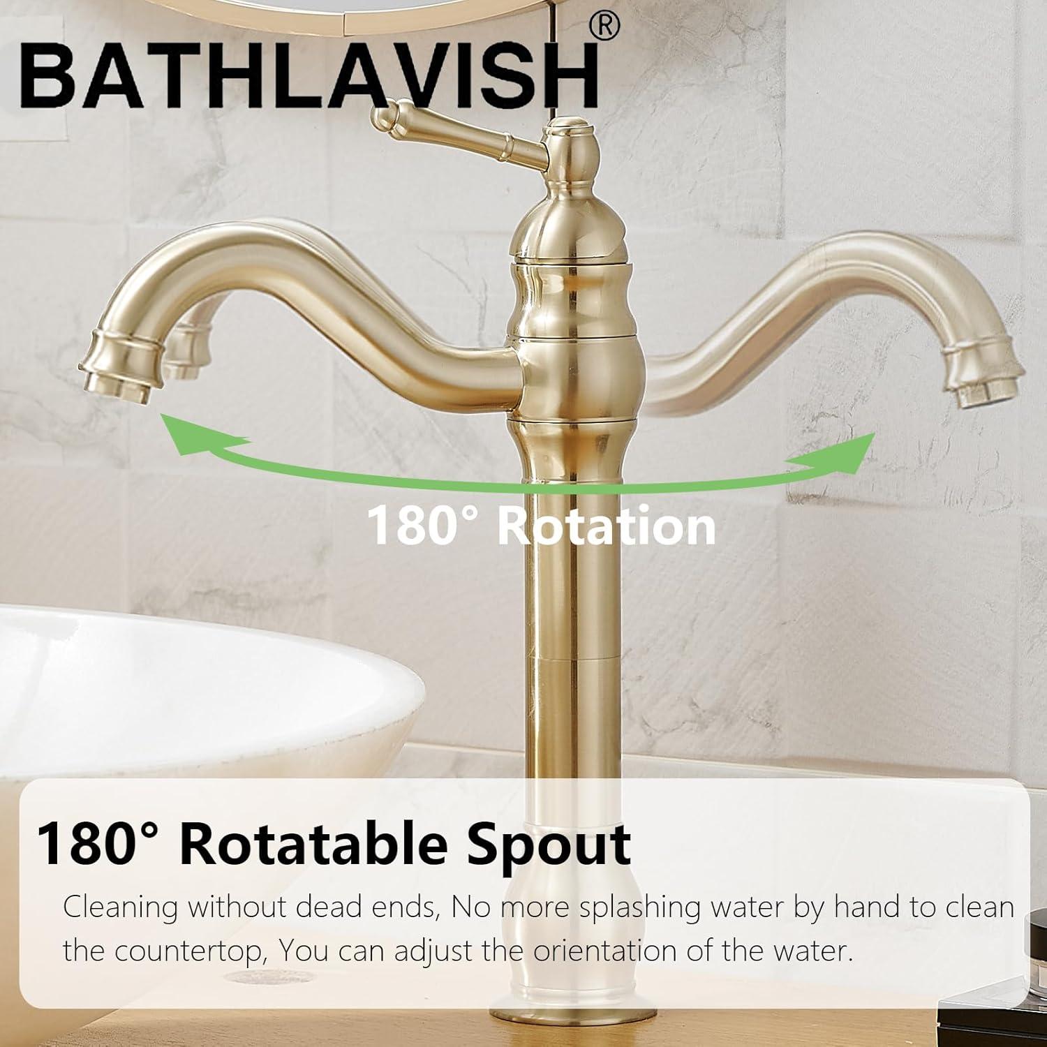 Bathroom Faucet GGStudy 360° Swivel Single-Handle One Hole Bathroom Vessel Sink Faucet Matching Pop Up Drain Brushed Gold Farmhouse Bathroom Vanity Faucet