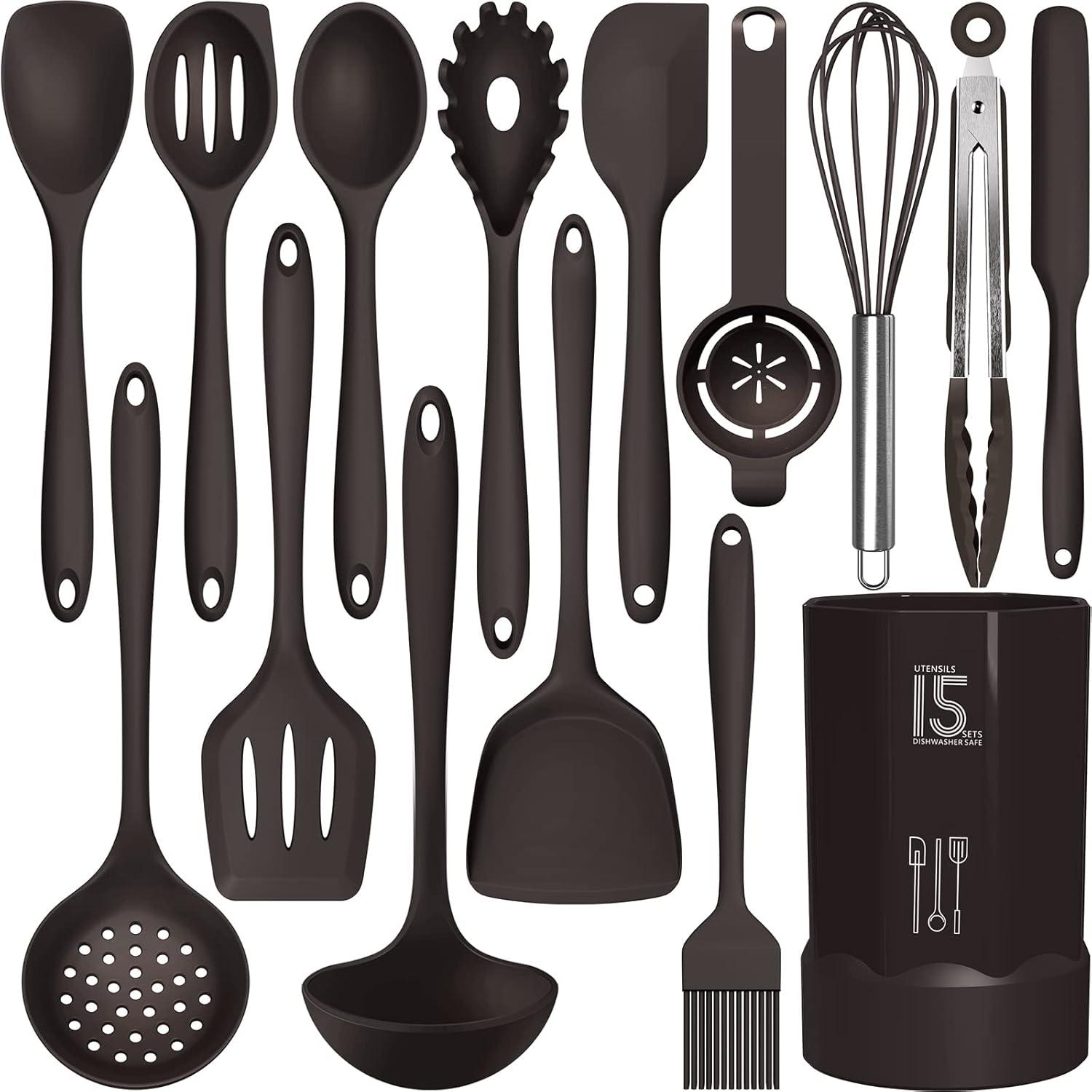 15-Piece Coffee Silicone Cooking Utensils Set with Stainless Steel Handles