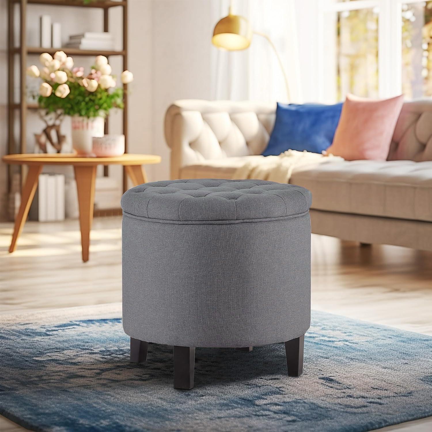 Belleze Nailhead Round Tufted Storage Ottoman Large Footrest Stool Lift Top, Gray