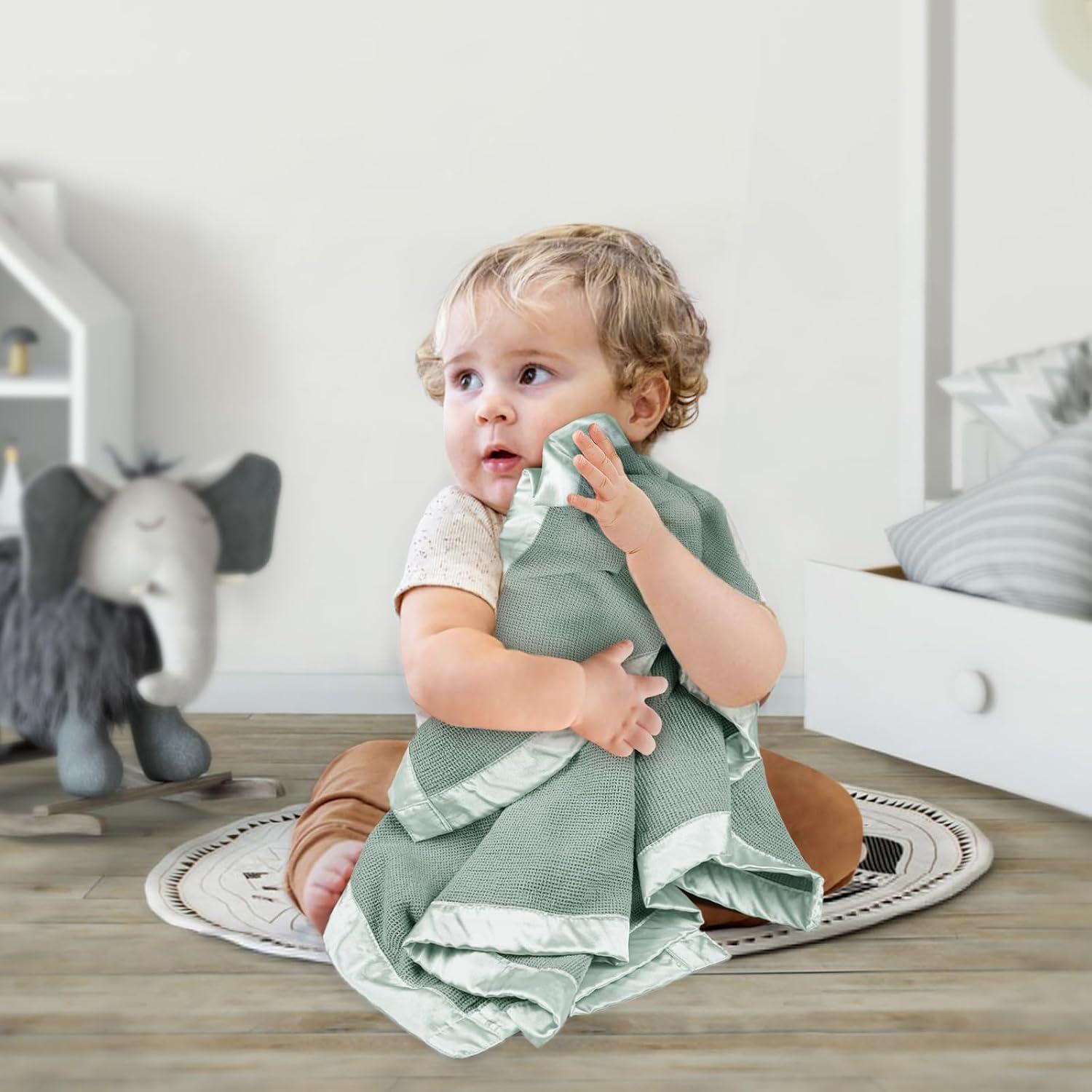 Lulu moon Swaddle Baby Blanket: Waffle Blanket with Satin Trim - Soft Breathable Toddler Blanket Perfect for Nursing Cover and Playtime - Cotton Crib Blanket for Daytime Naps 40"x36"(Sage)