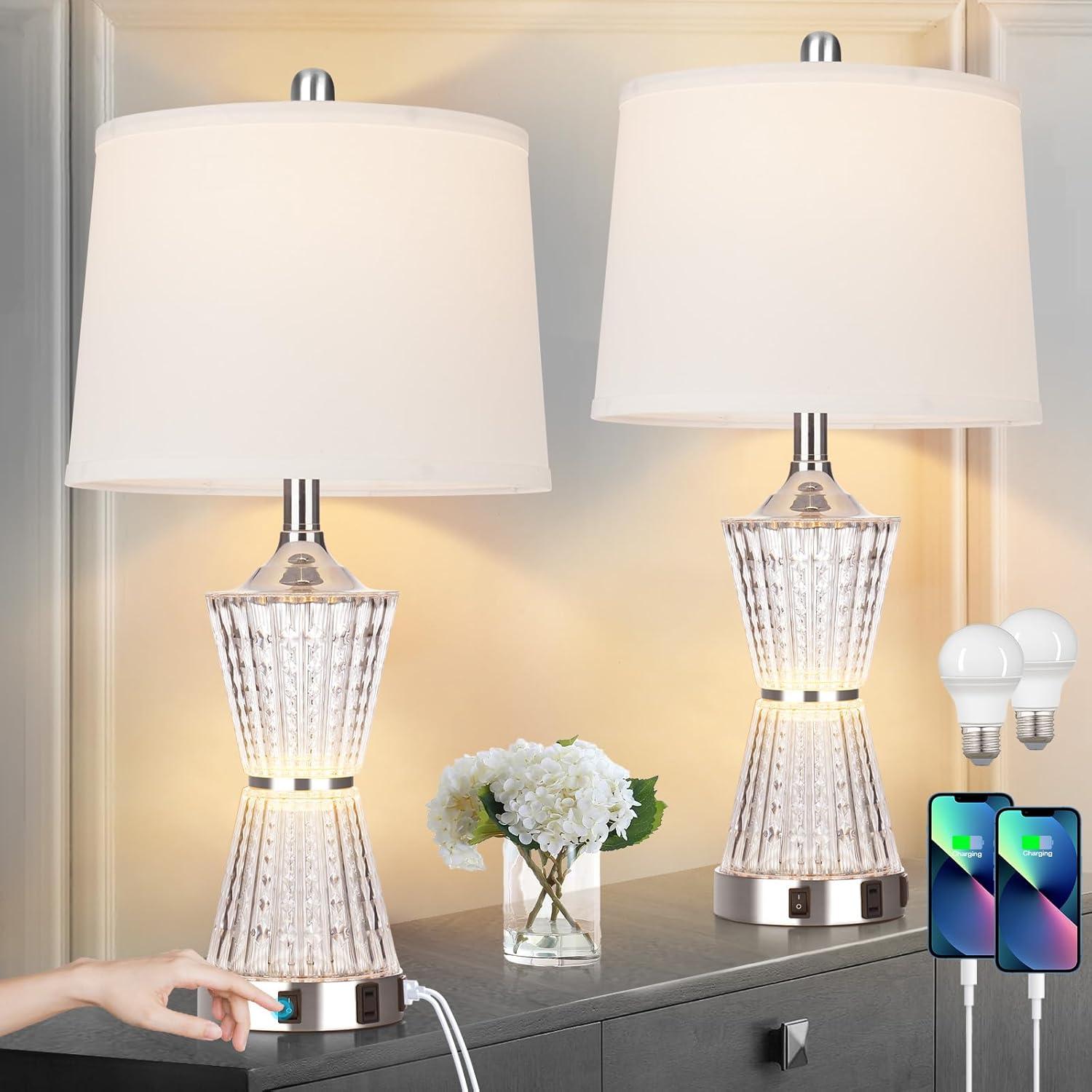 26'' Silver Steel Table Lamps with White Shades and USB Ports, Set of 2