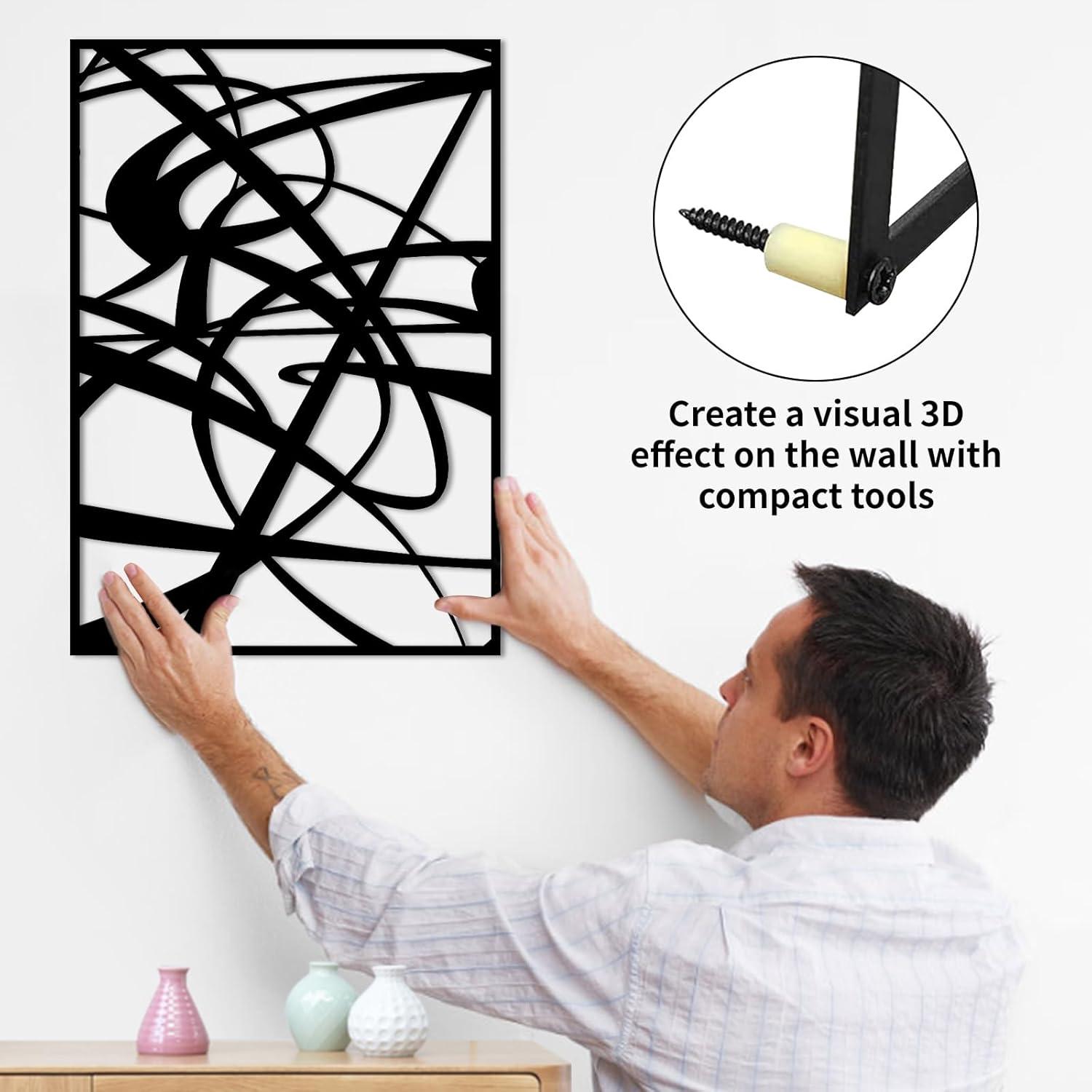 WINUSD 4Pcs Abstract Black Metal Wall Art, 3D Textured Metal Wall Decor, Modern Hollow Out Design Metal Wall Sculptures, Minimalist Line Art Home Decor for Living Rooms Offices Restaurants(16 x 11)