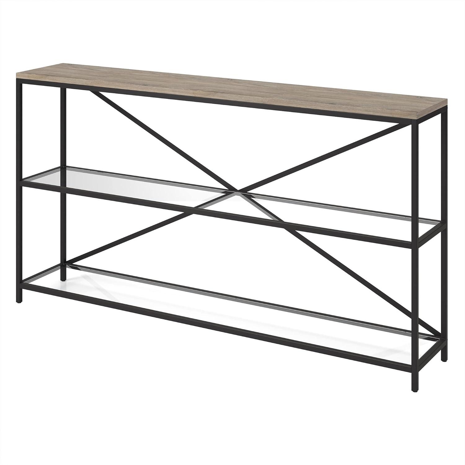 Fionn Blackened Bronze & Antiqued Gray Oak 55" Console Table with Glass Shelves