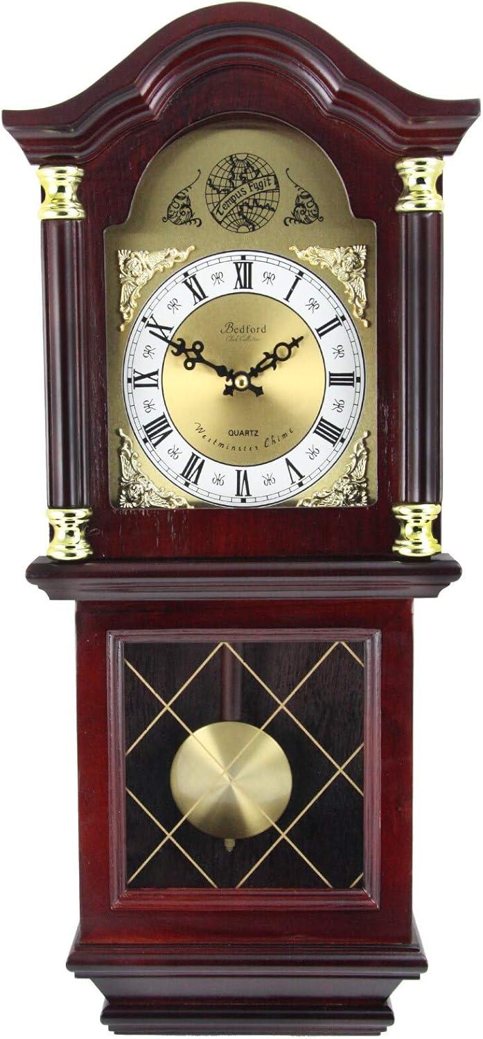 Bedford Clock Collection 26" Antique Mahogany Cherry Oak Chiming Wall Clock with Roman Numerals