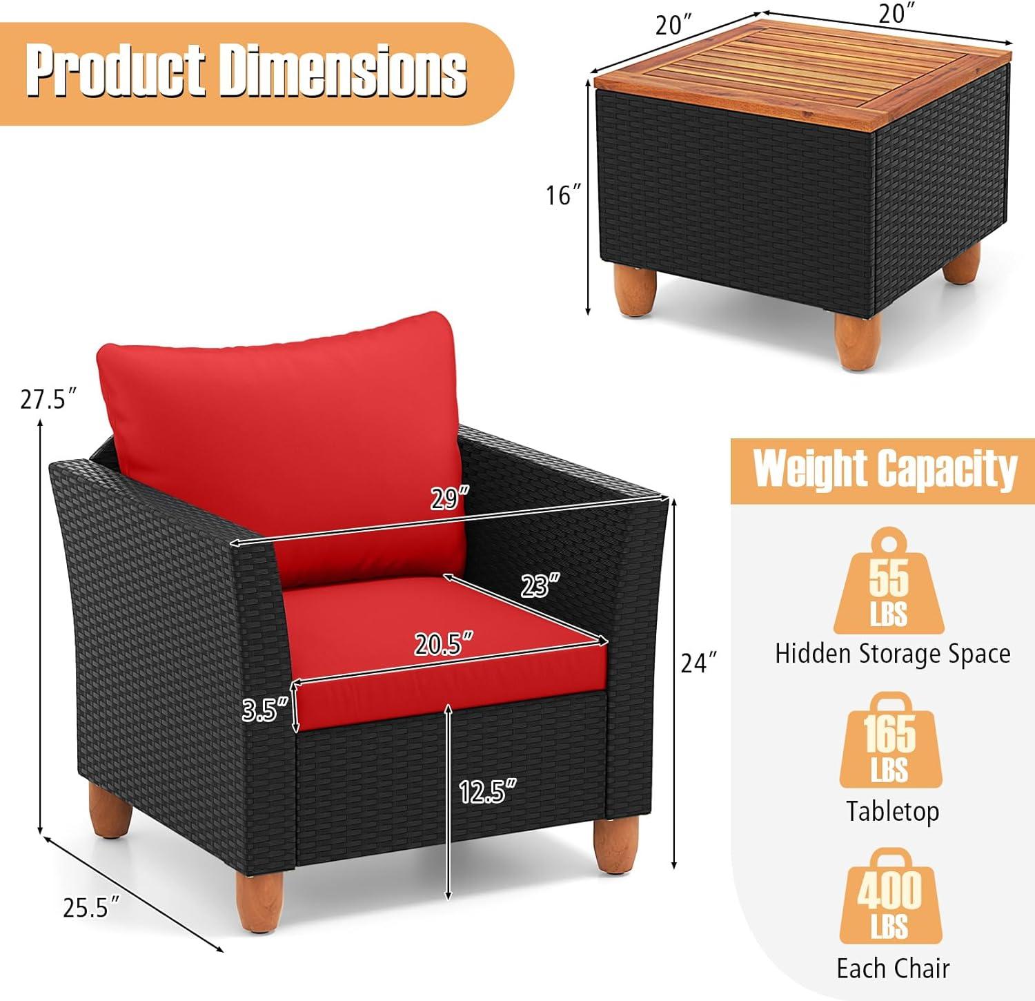 Tangkula 3PCS Patio Rattan Conversation Set Outdoor Furniture Set w/ Red Cushions