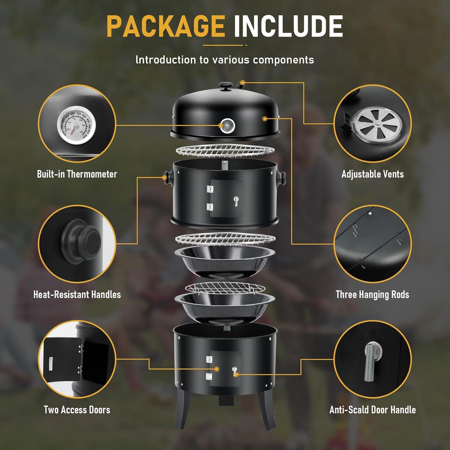 Yunwen 31.5" Charcoal Smoker Grill 3-in-1 Vertical Heavy Duty Charcoal BBQ Smoker Grill