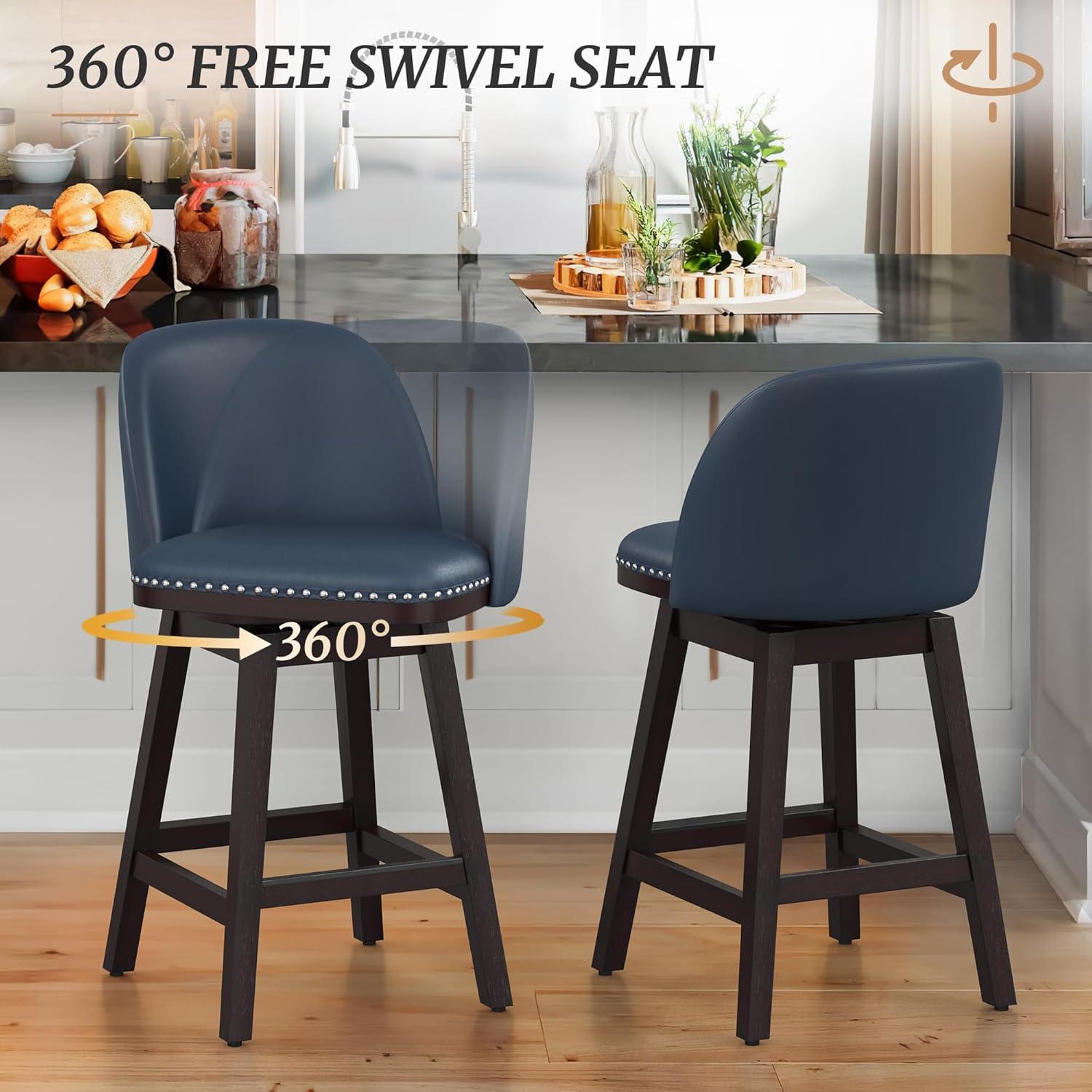 LUE BONA 26'' Swivel Bar Stools Set of 2, Counter Stools with Back & Footrest for Kitchen,Brown